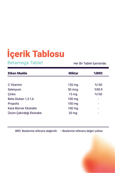 Betamega Tablet 30 Tablet Betaglukan, Propolis Ekstraktı, C Vitamini, Çinko, Selenyum