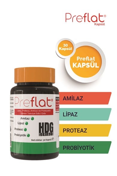 HDG Serials Preflat Lipaz, Proteaz, Amilaz ve Probiyotik İçeren 30 Kapsül