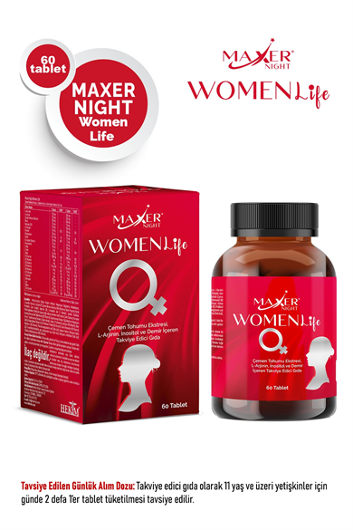Maxer Night Women Life Çemen Tohumu Ekstresi, L-Arjinin, İnositol ve Demir İçeren Takviye Edici Gıda 60 Tablet
