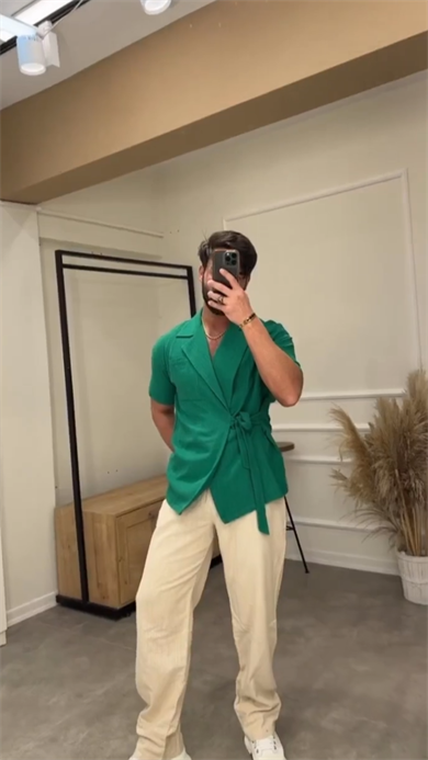Relaxed Kuşaklı Keten Kimono Yeşil