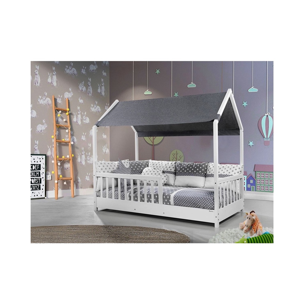 Alessi Montessori Çatılı Karyola Yatak 90 X 190 Cm Gri Çatı Kumaşı Dahil,  Uyku Seti ve Şilte Dahil Değildir