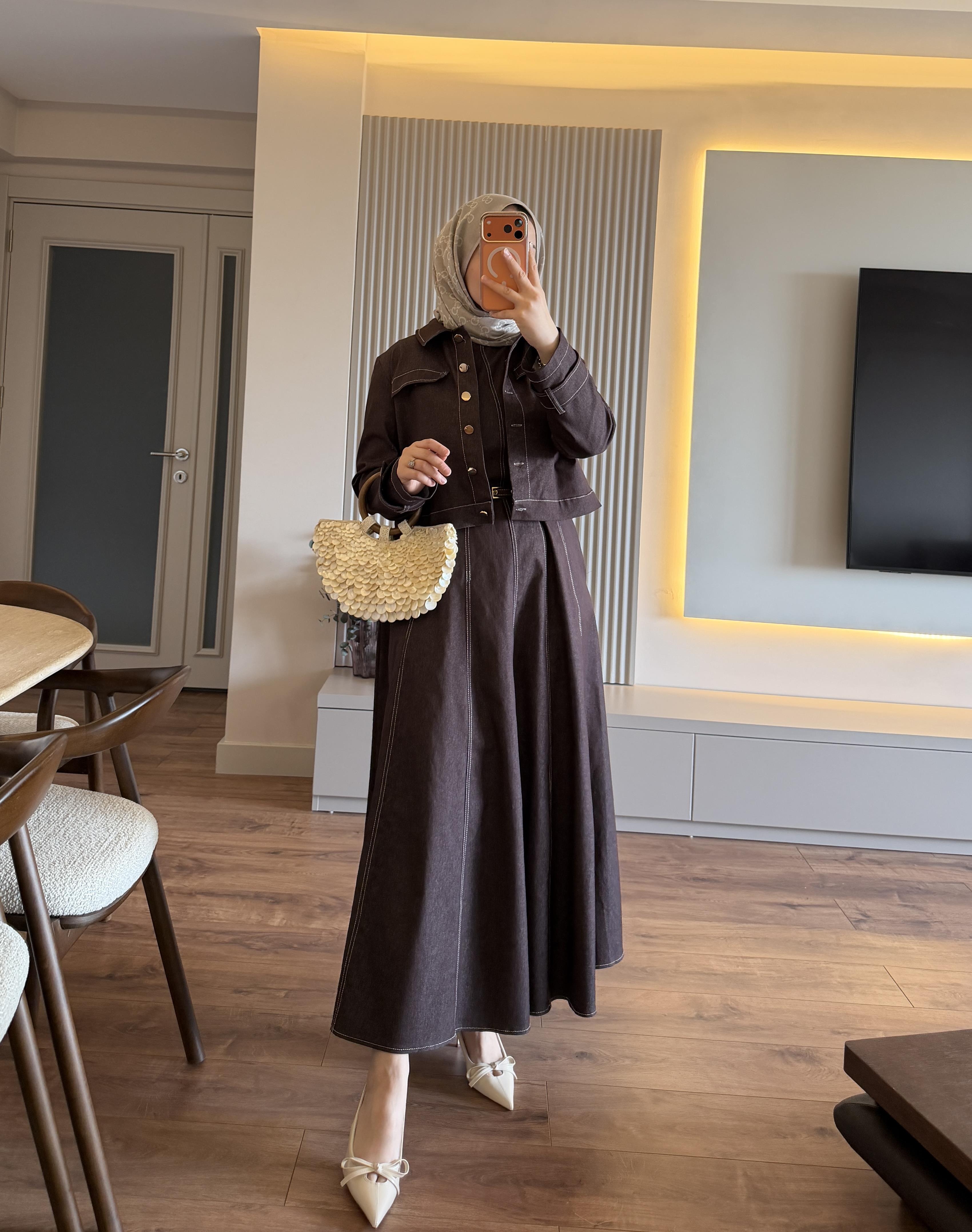 Denim Ceketli Elbise Kahve - ELBİSE