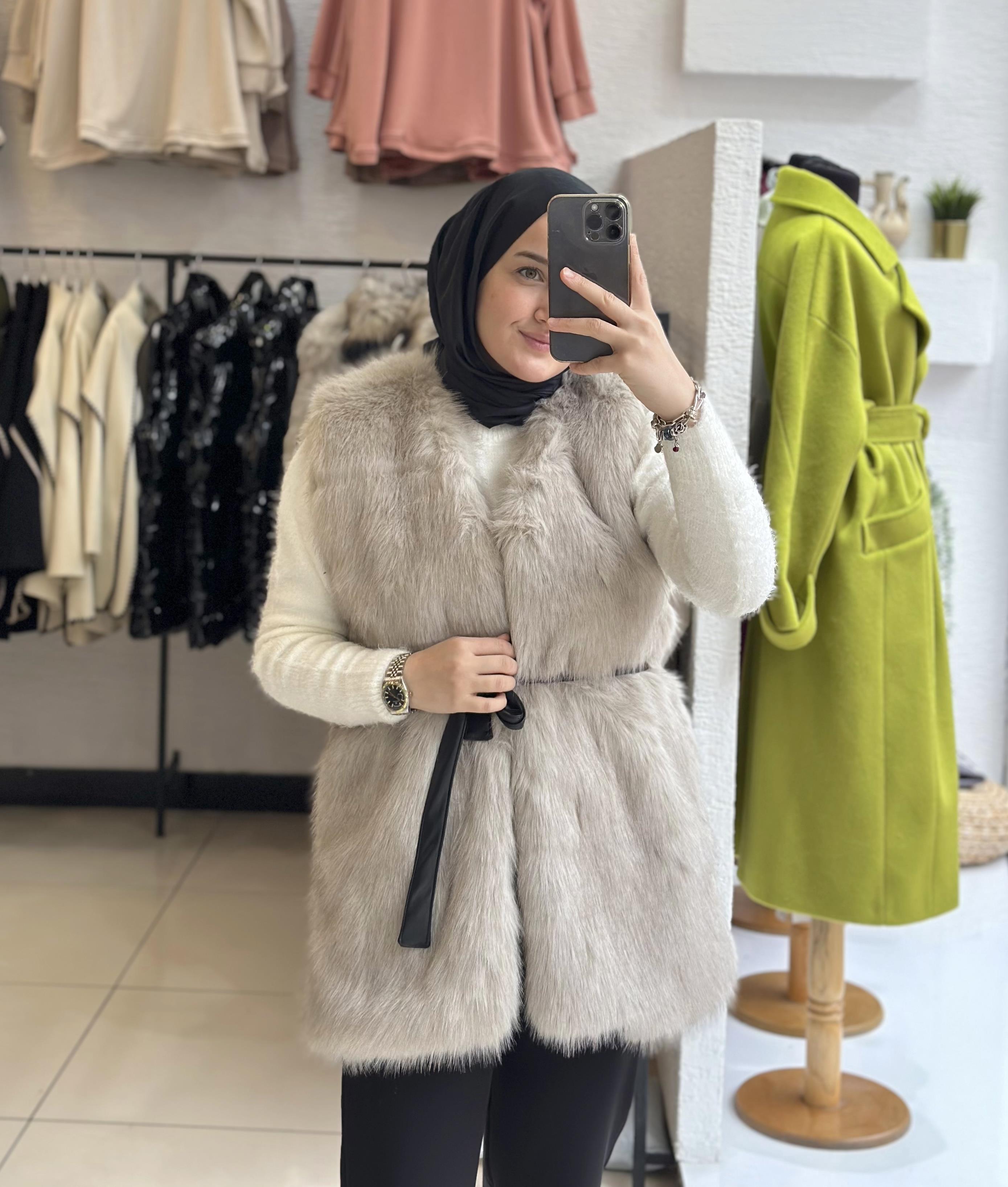 Deri Kemerli Kürk Yelek - YELEK