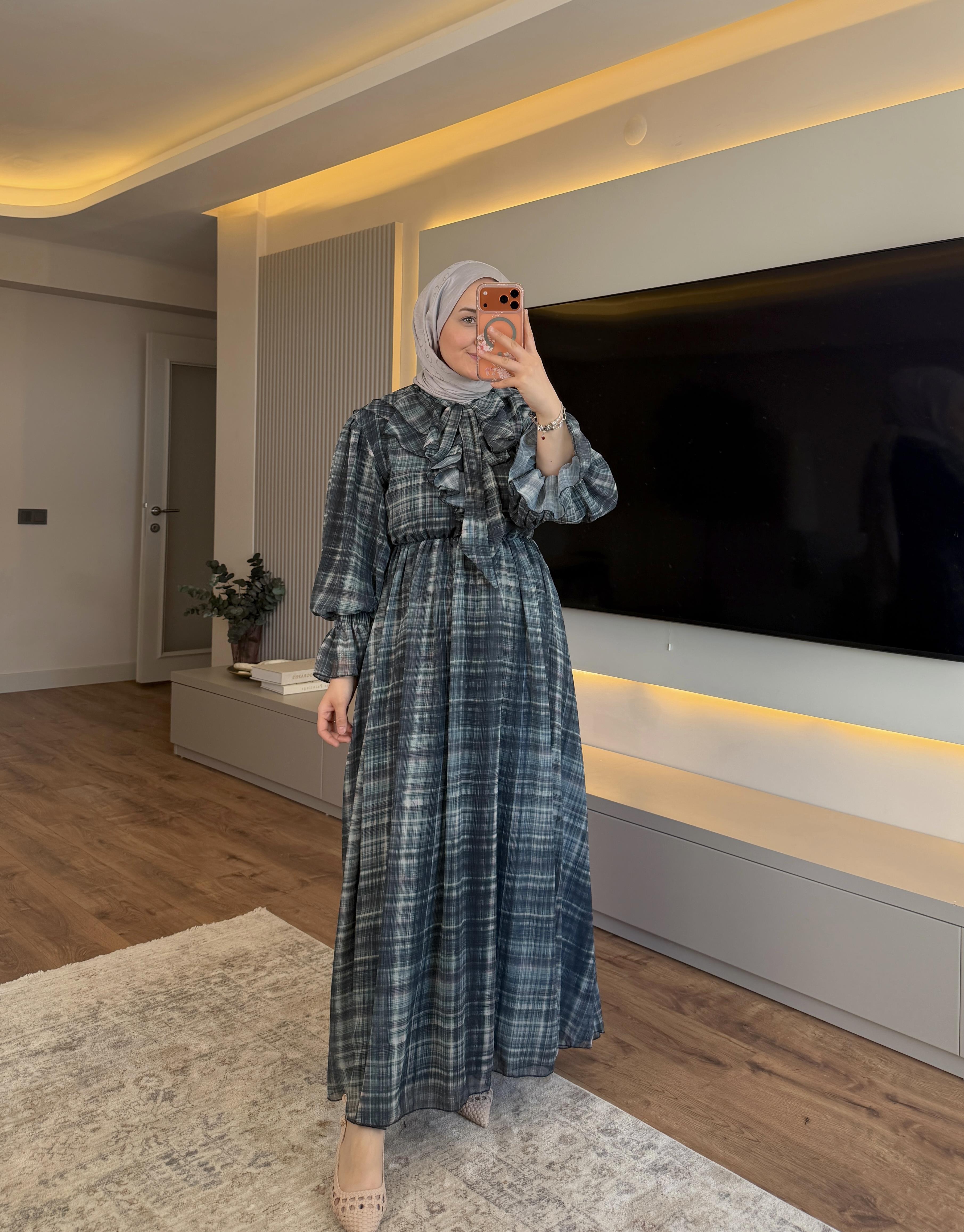 Fularlı Elbise Açık Lacivert - ELBİSE