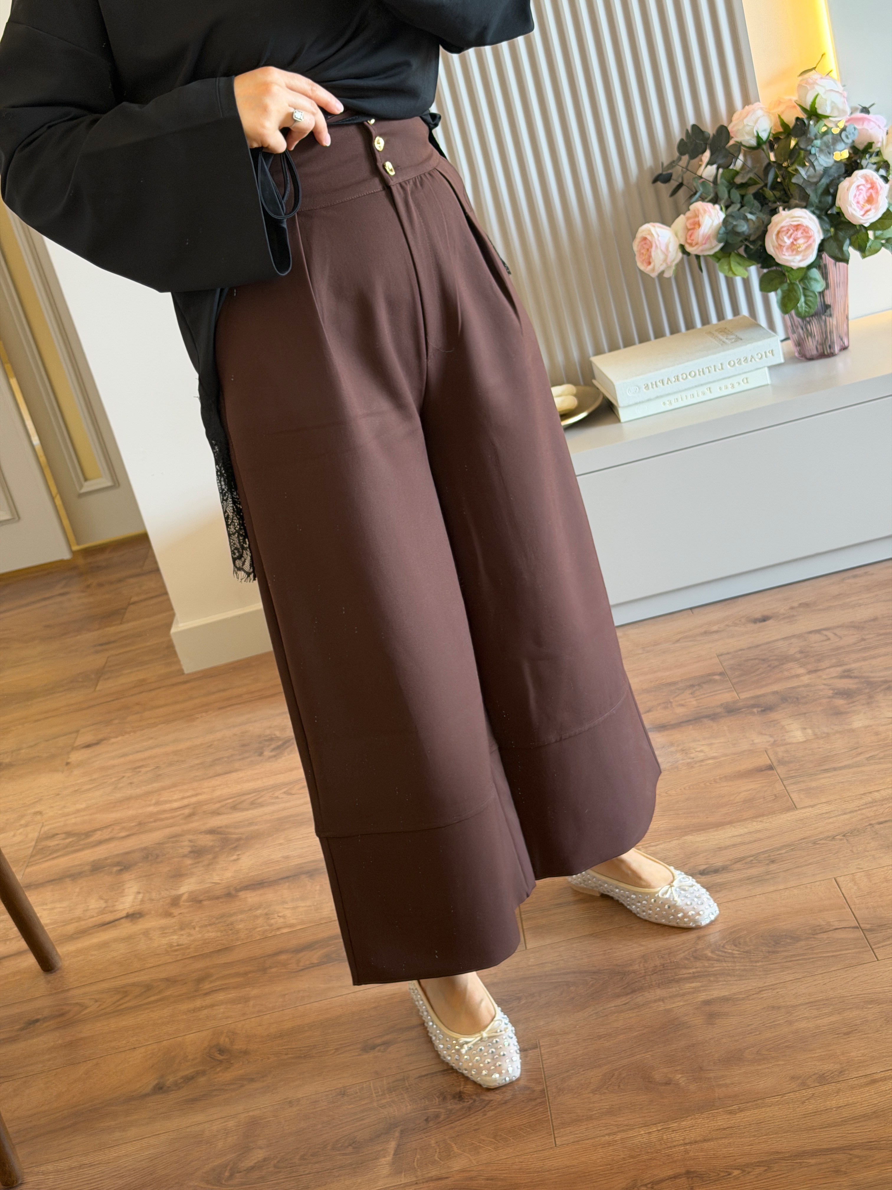 Gold Düğmeli Geniş Paça Pantalon Kahve - PANTOLON