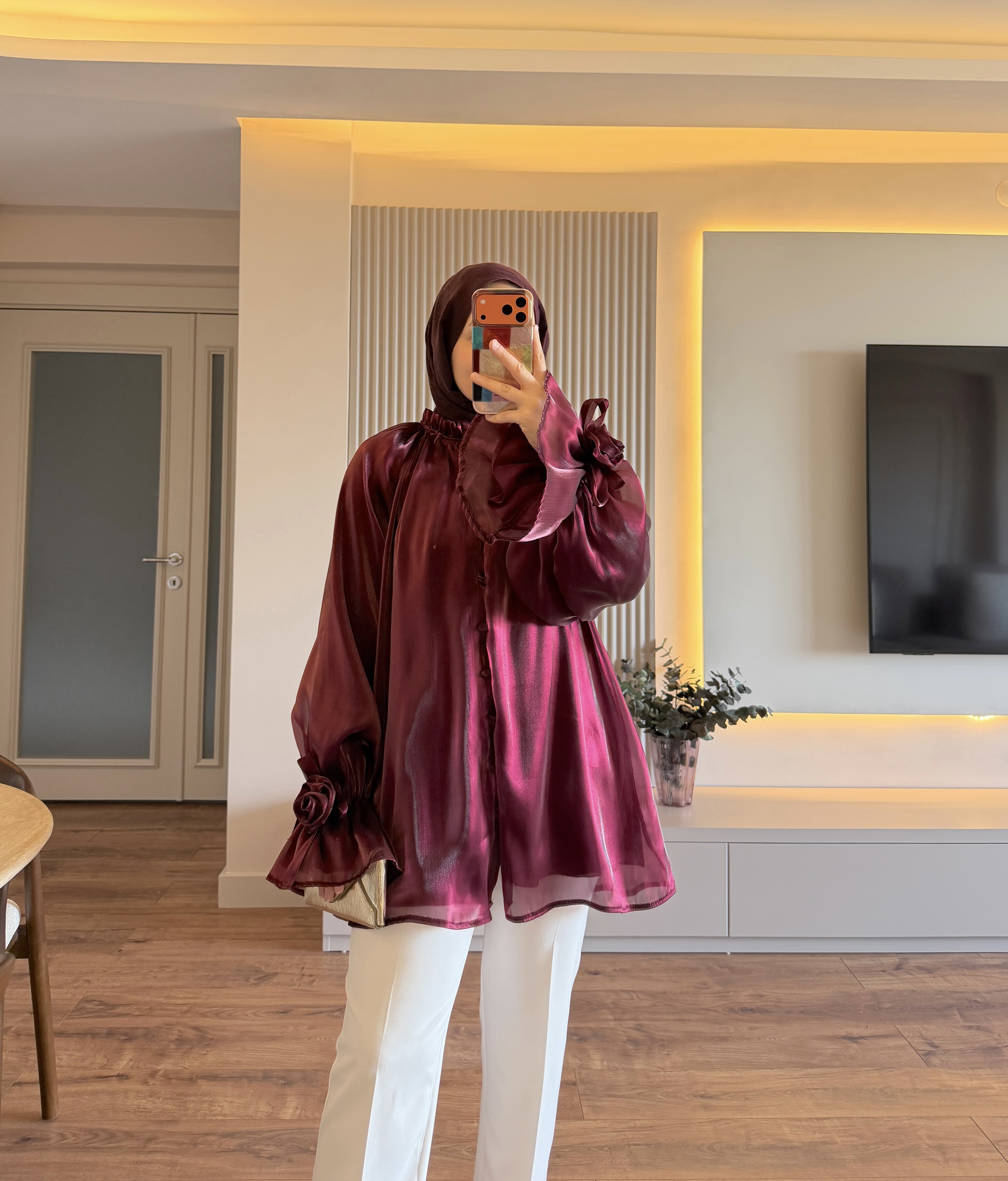 Gül Detaylı Işıltı Gömlek Bordo - GÖMLEK