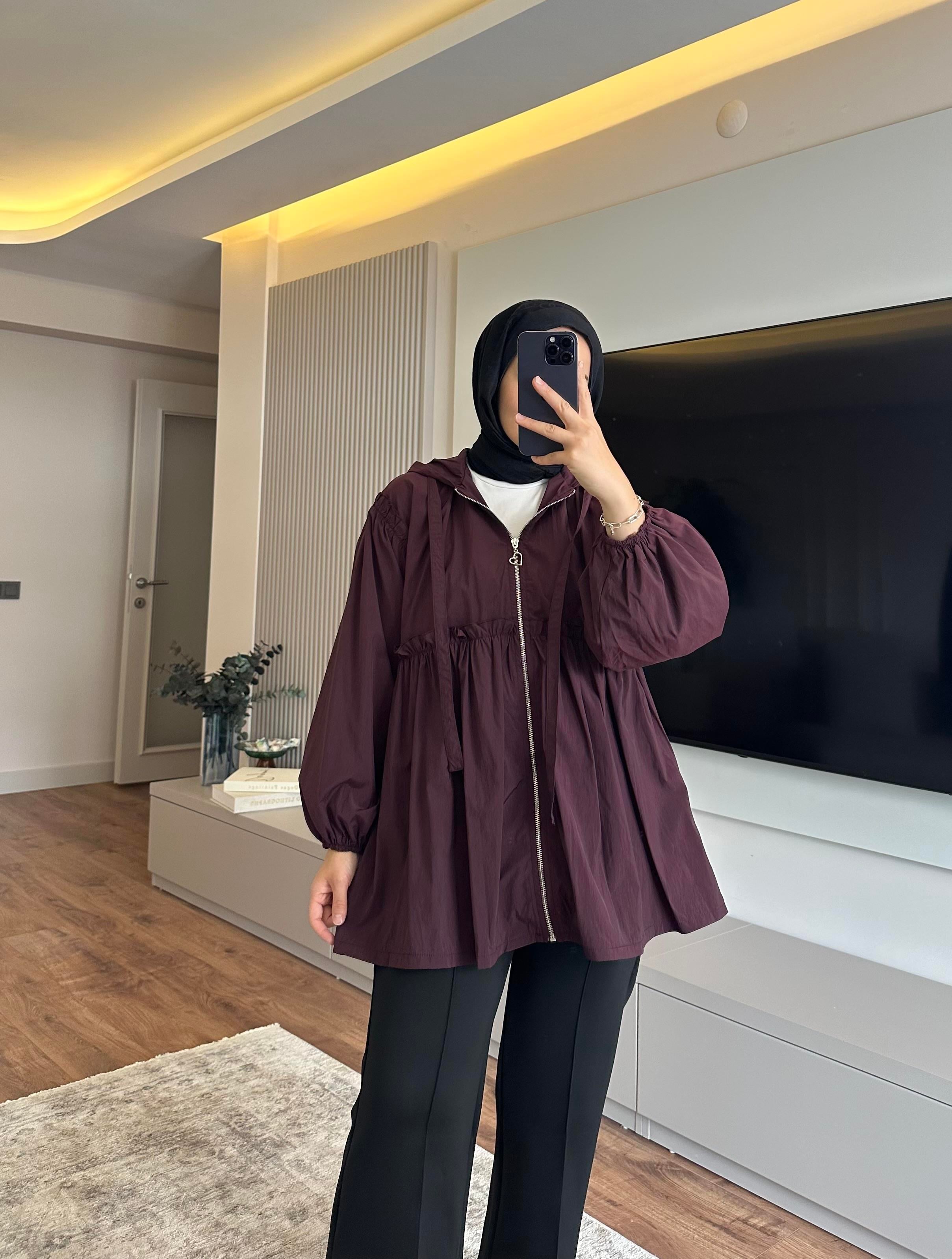 Kapüşonlu Oversize Astarlı Yağmurluk Bordo - CEKET