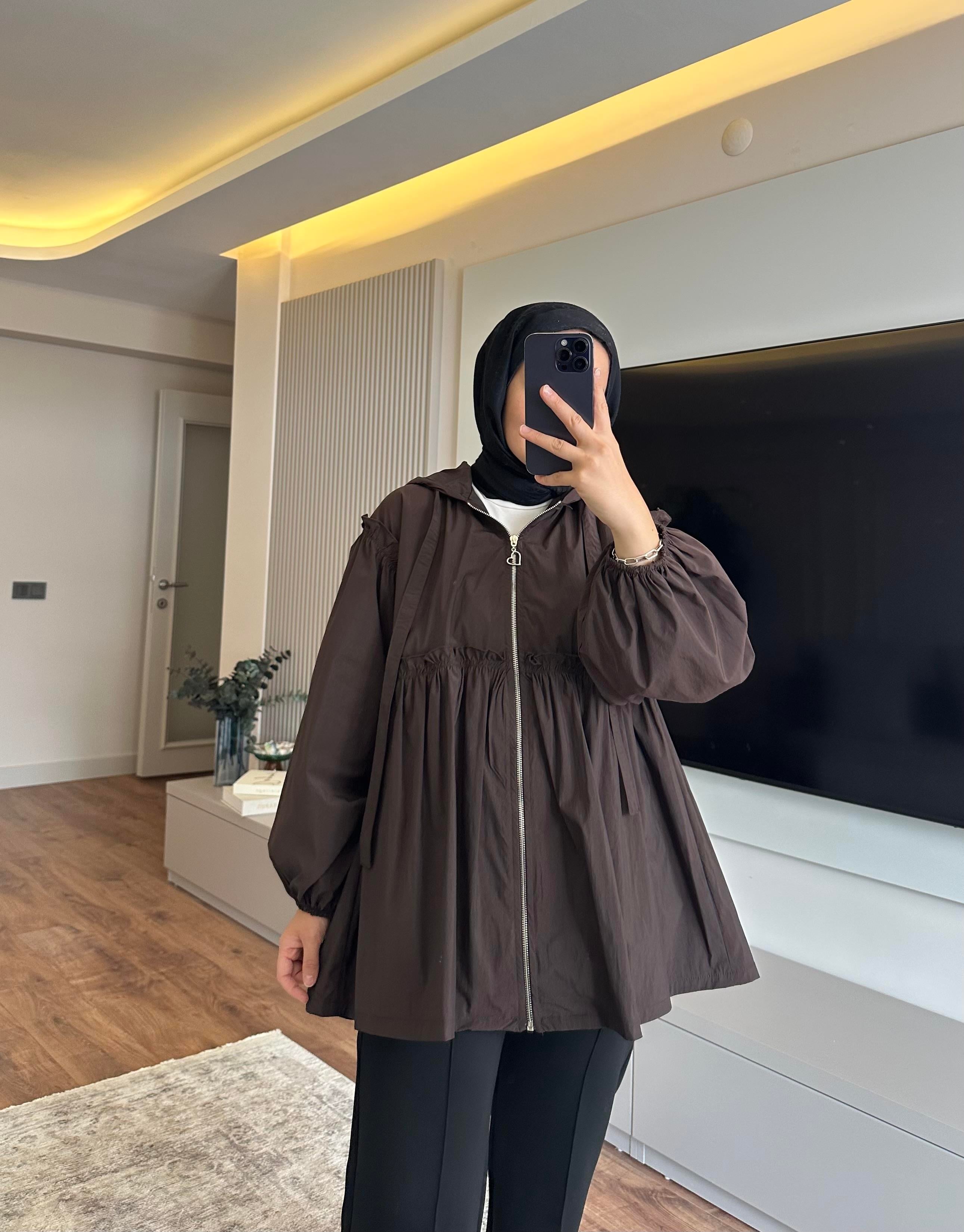 Kapüşonlu Oversize Astarlı Yağmurluk Kahve - CEKET