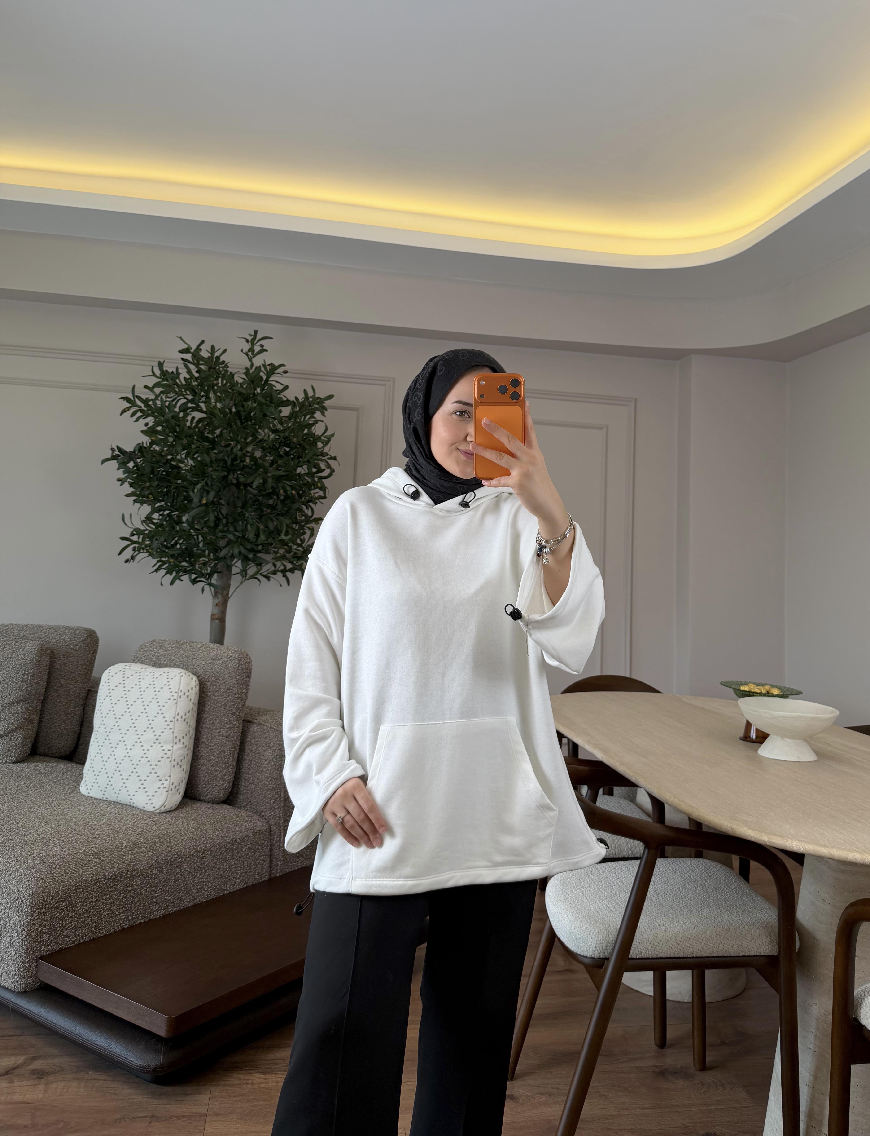 Lastik Detaylı Büzgülü Sweatshırt Ekru - SWEAT
