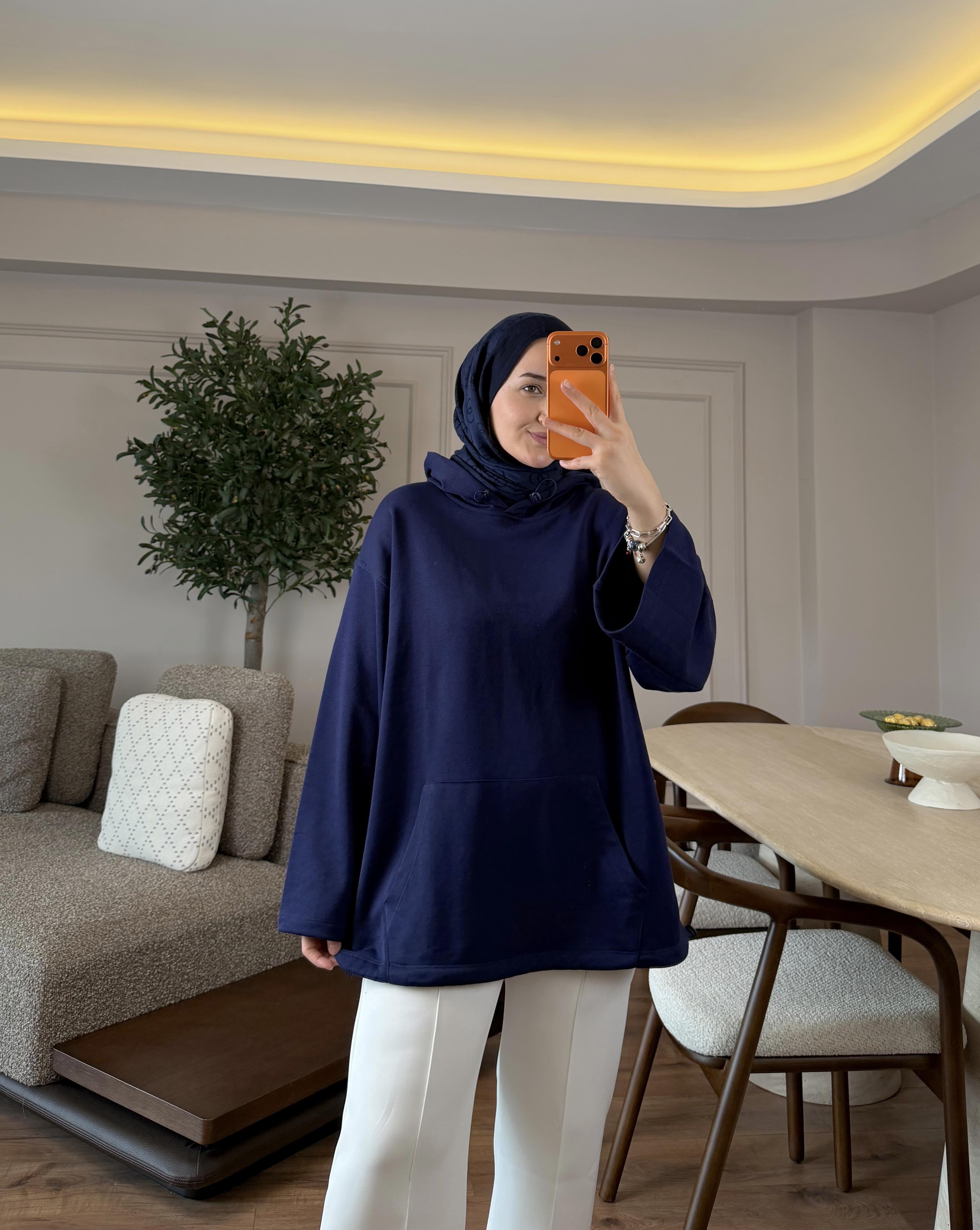 Lastik Detaylı Büzgülü Sweatshırt Lacivert - SWEAT