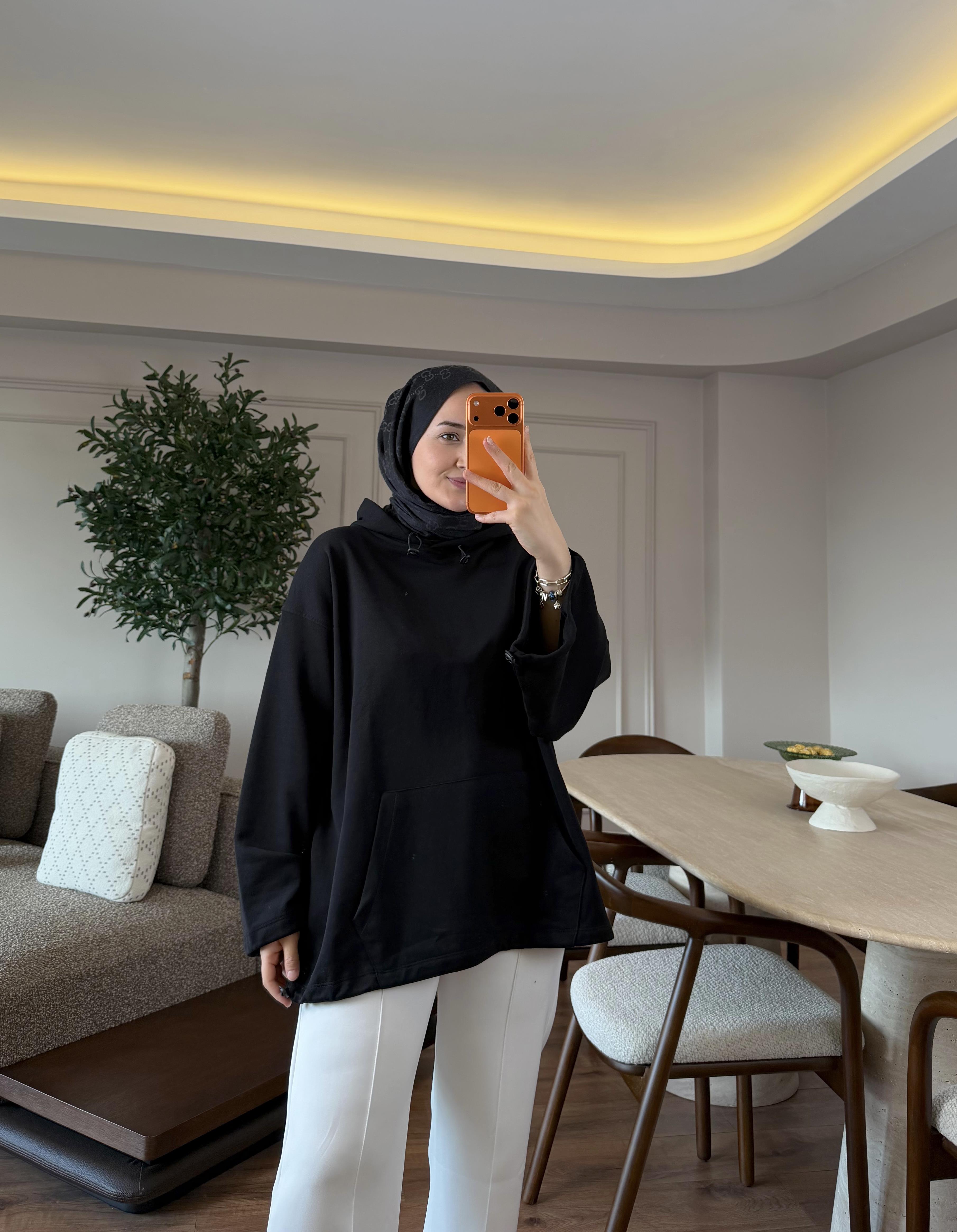 Lastik Detaylı Büzgülü Sweatshırt Siyah - SWEAT