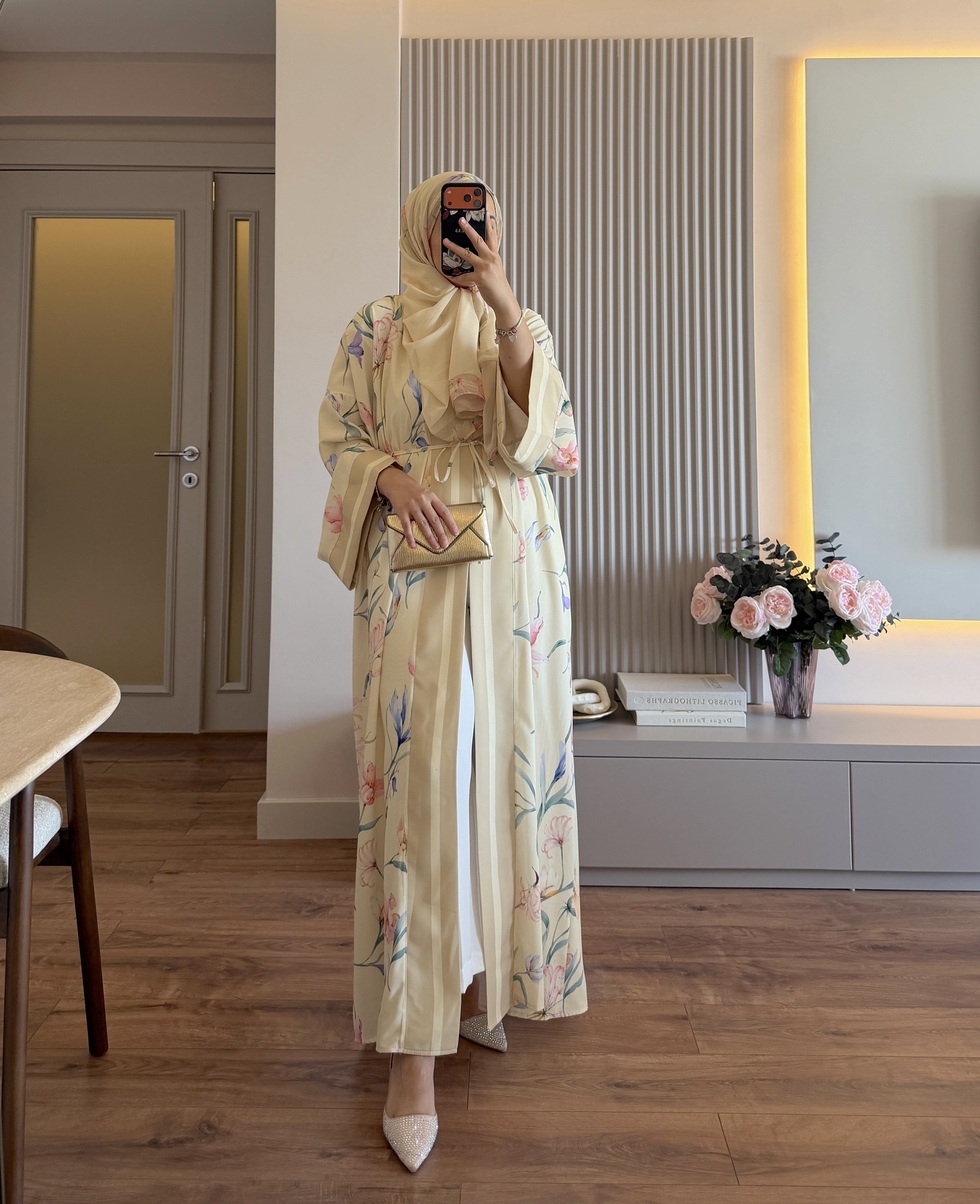 Lavin Floral Şallı Abaya Sarı - TAKIM