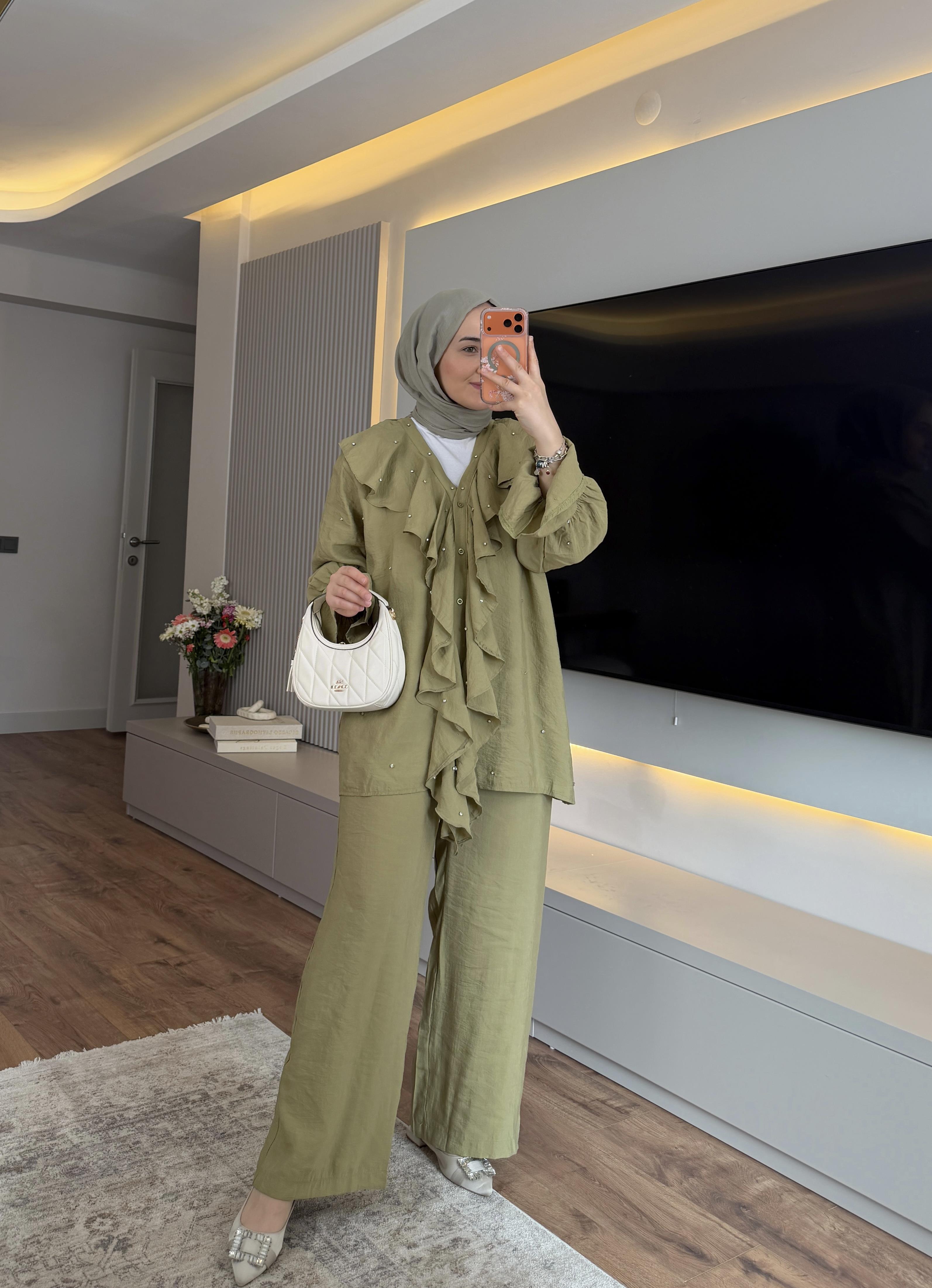 Lina Fırfır Takım Yağ Yeşili - TAKIM