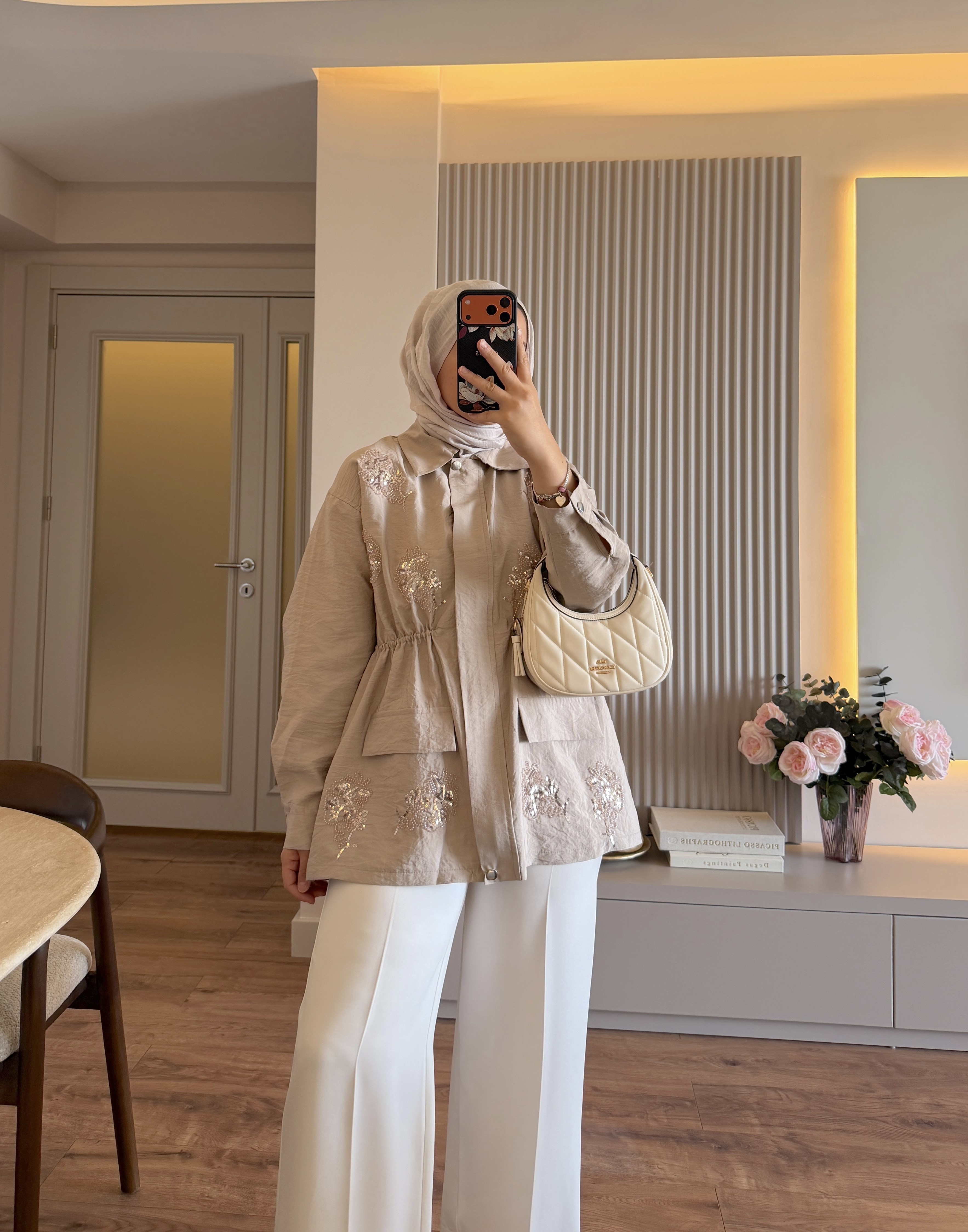 Nakış Detaylı Bel Ayarlı Ceket Vizon - CEKET