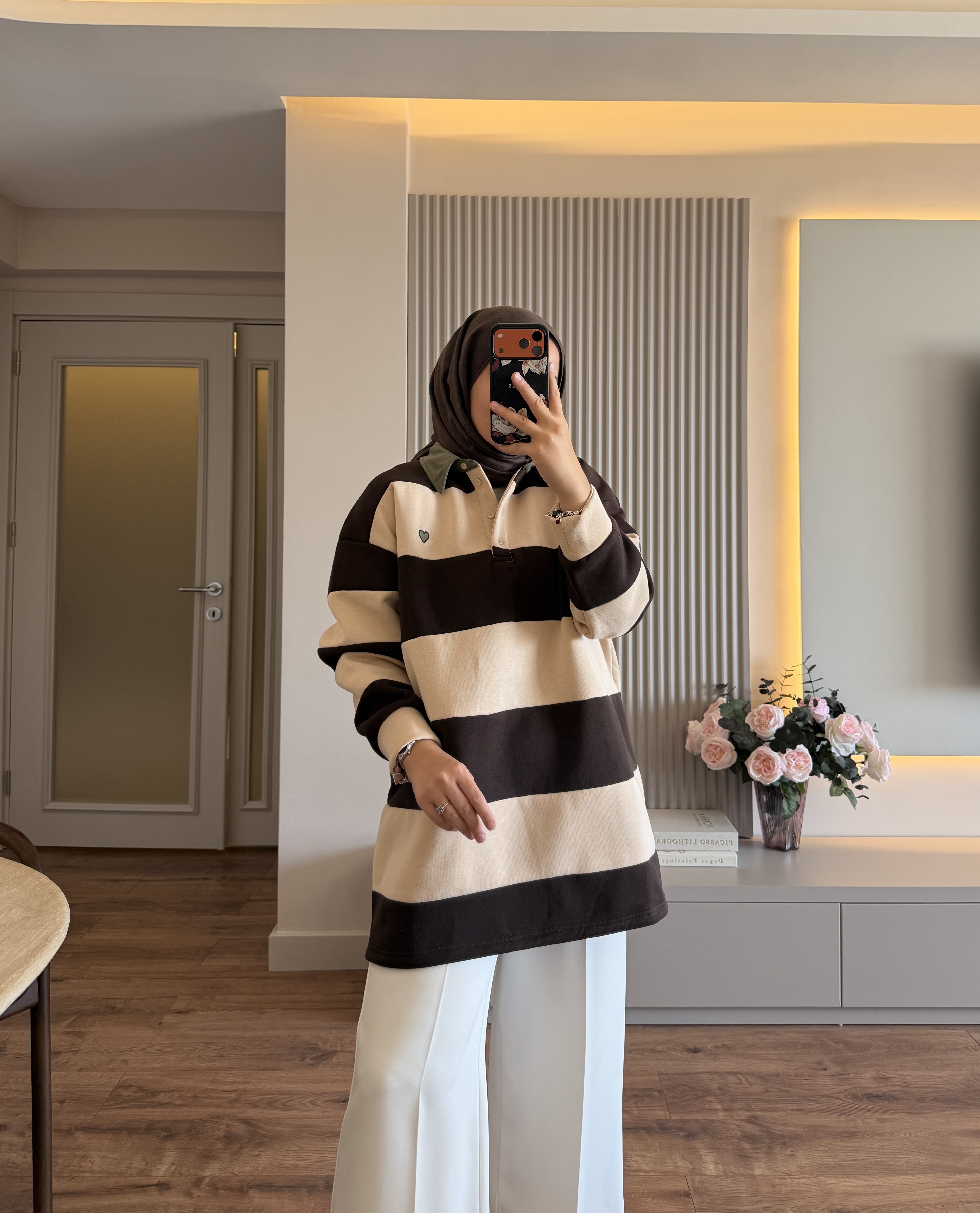 Nakış Detaylı Çizgili Sweatshırt Kahve - SWEAT