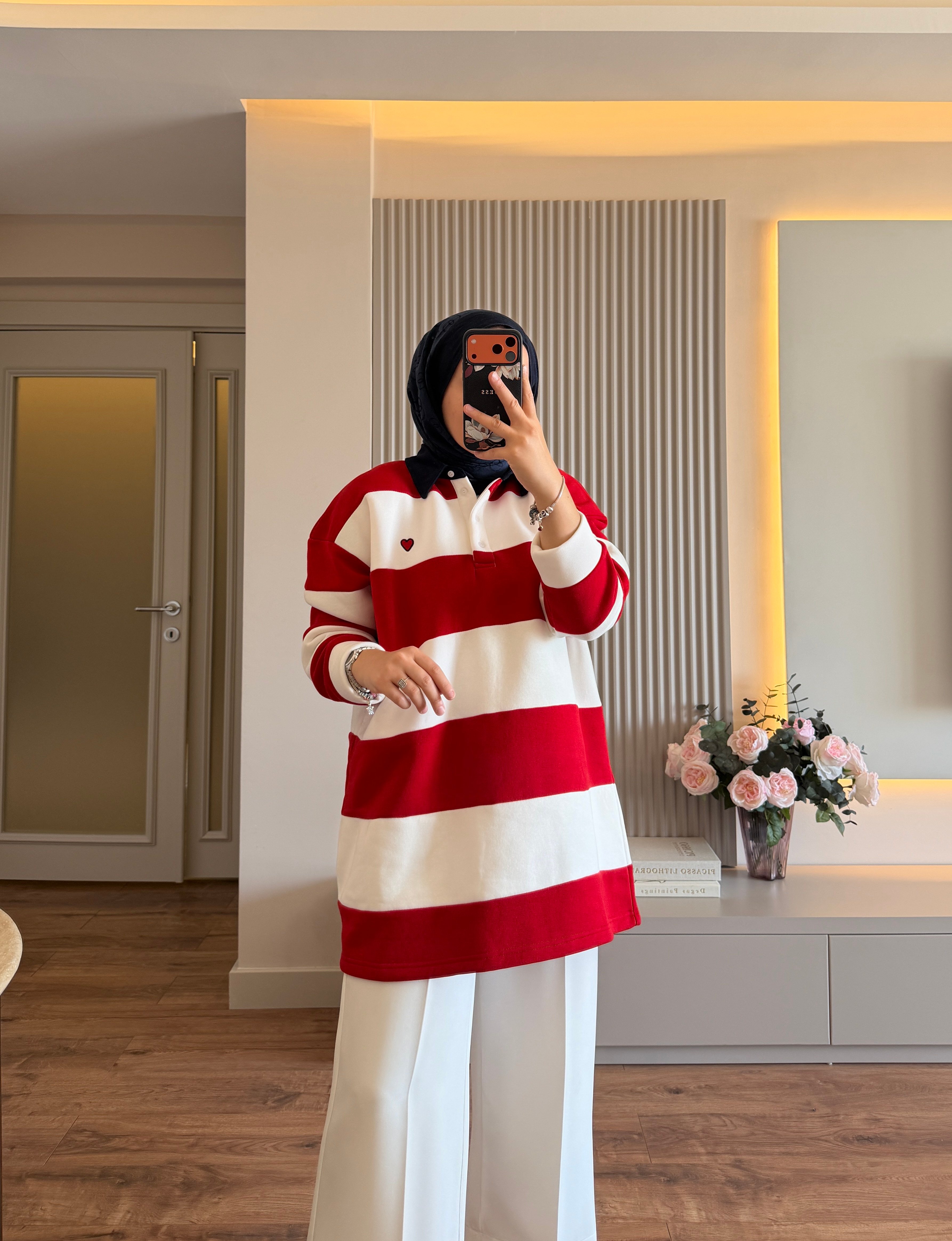 Nakış Detaylı Çizgili Sweatshırt Kırmızı - SWEAT