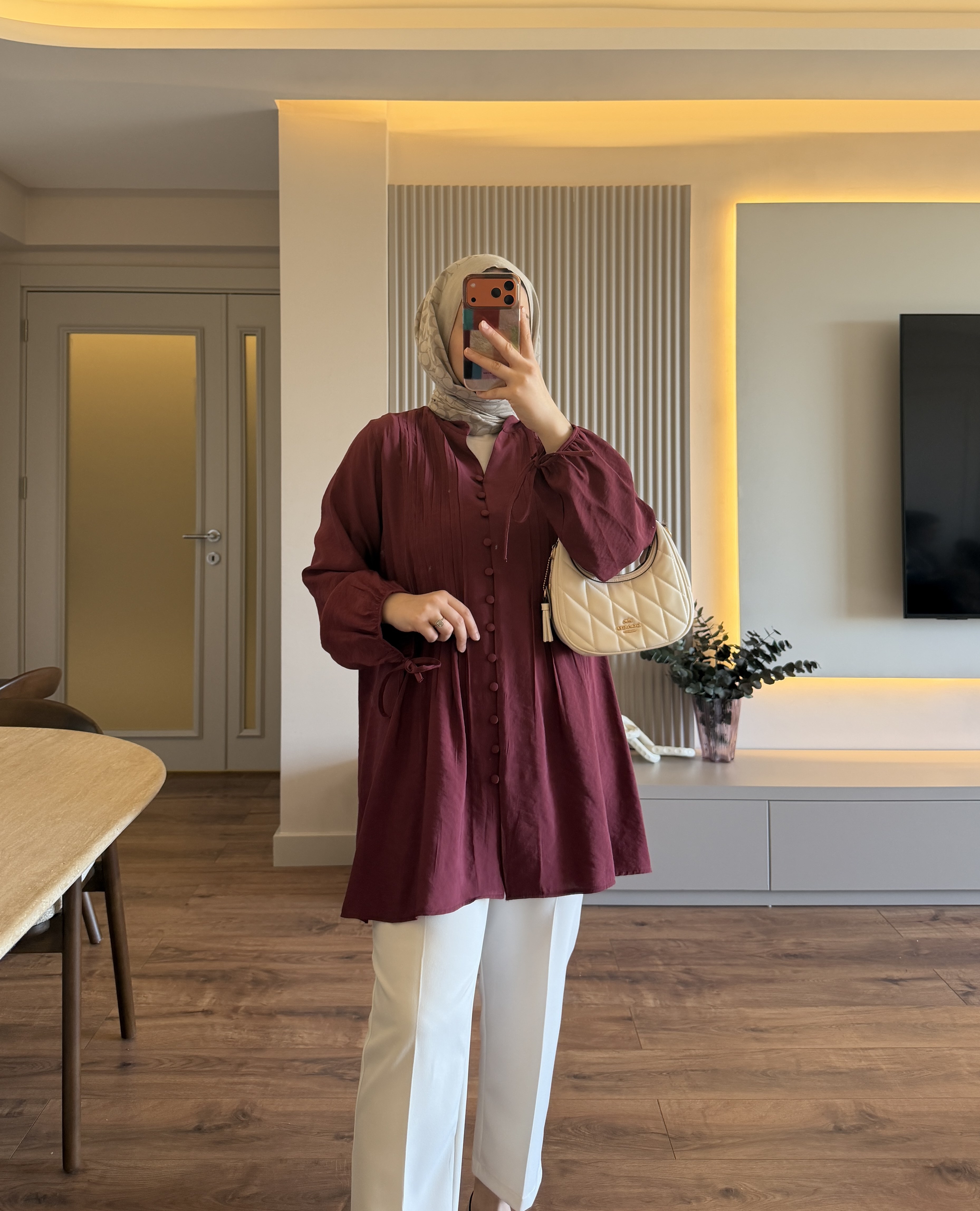 Nervürlü Gömlek Tunik Bordo - GÖMLEK
