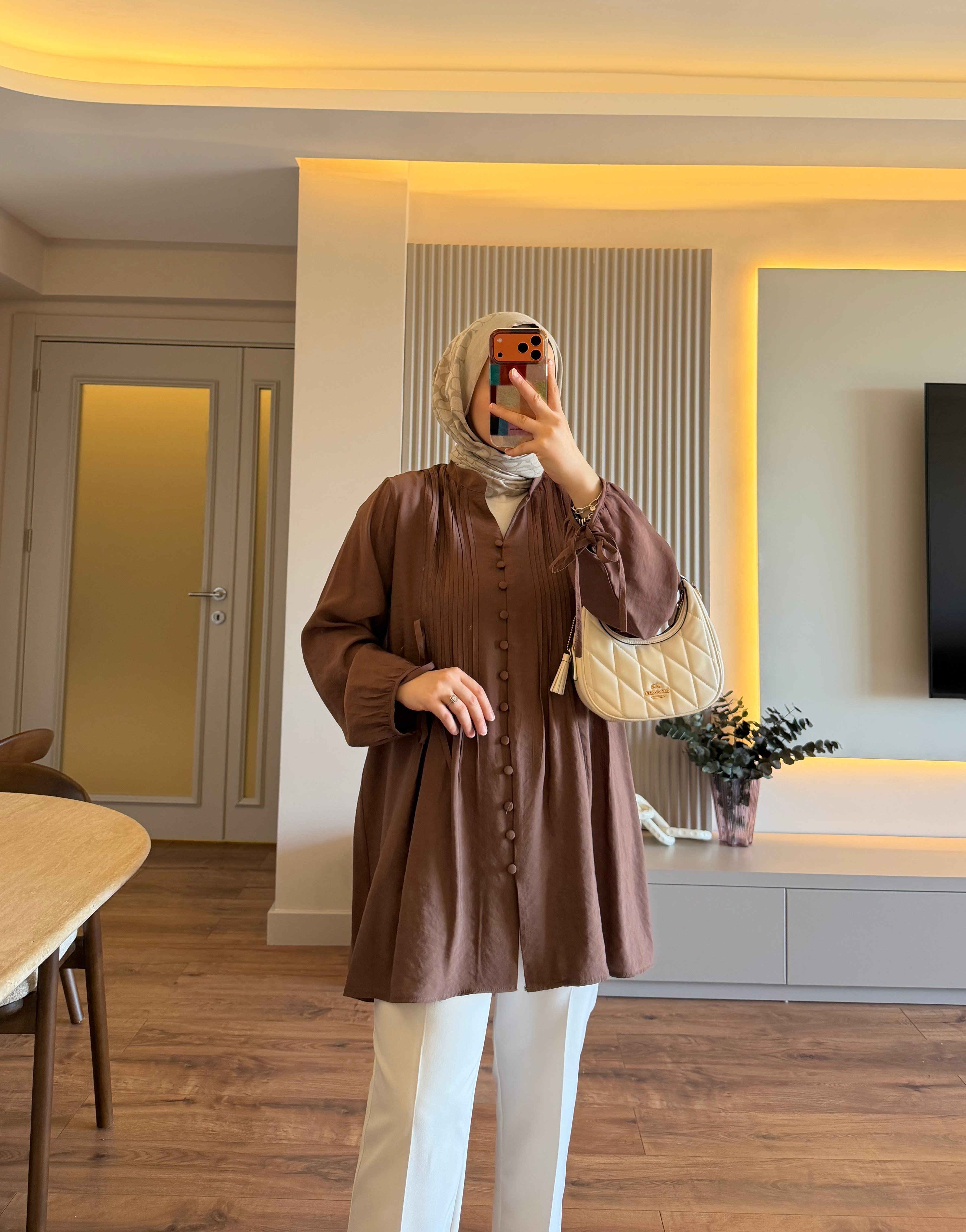Nervürlü Gömlek Tunik Kahve - GÖMLEK