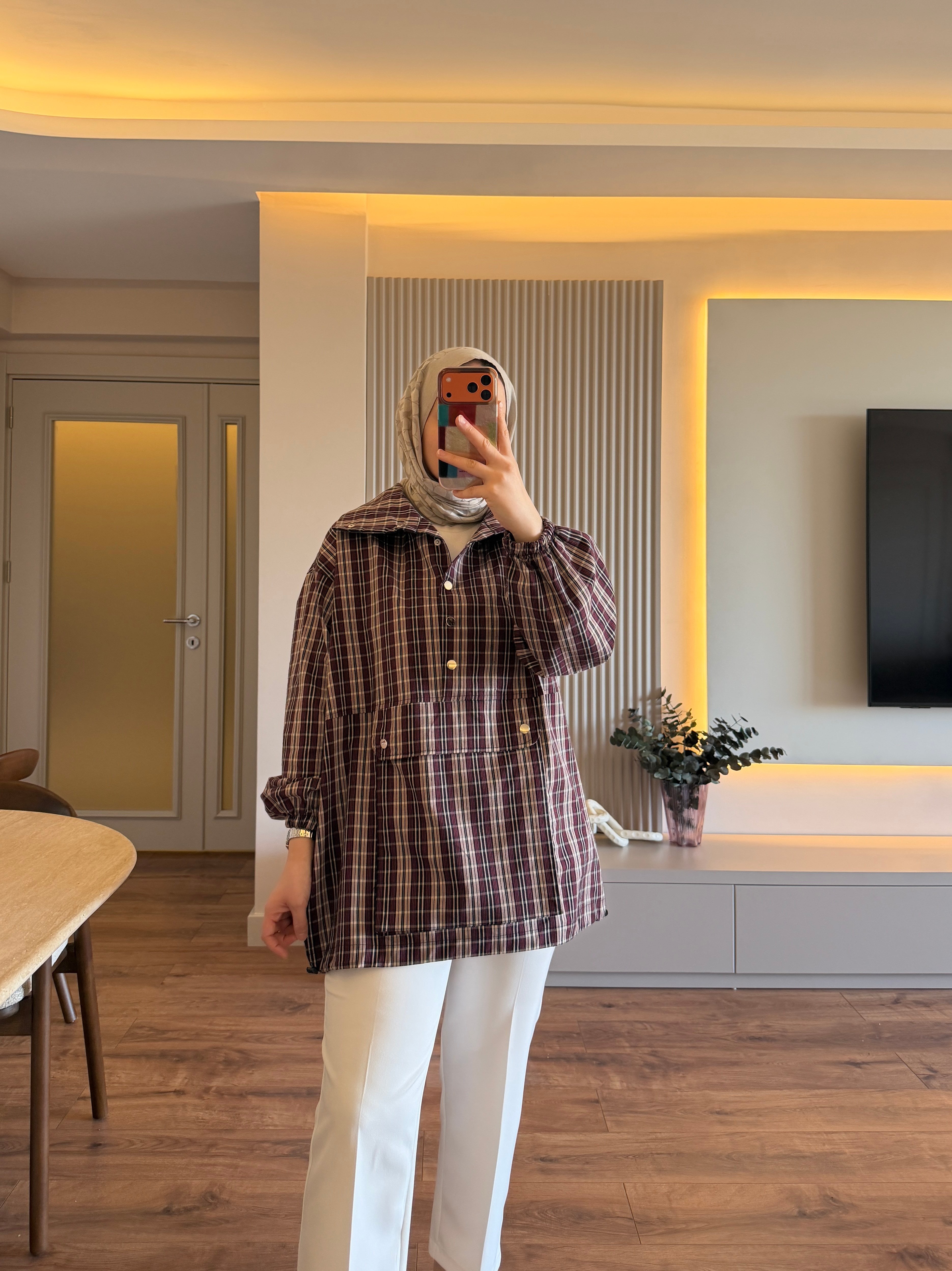 Plaid Pocket İnce Sweat Bordo - SWEAT