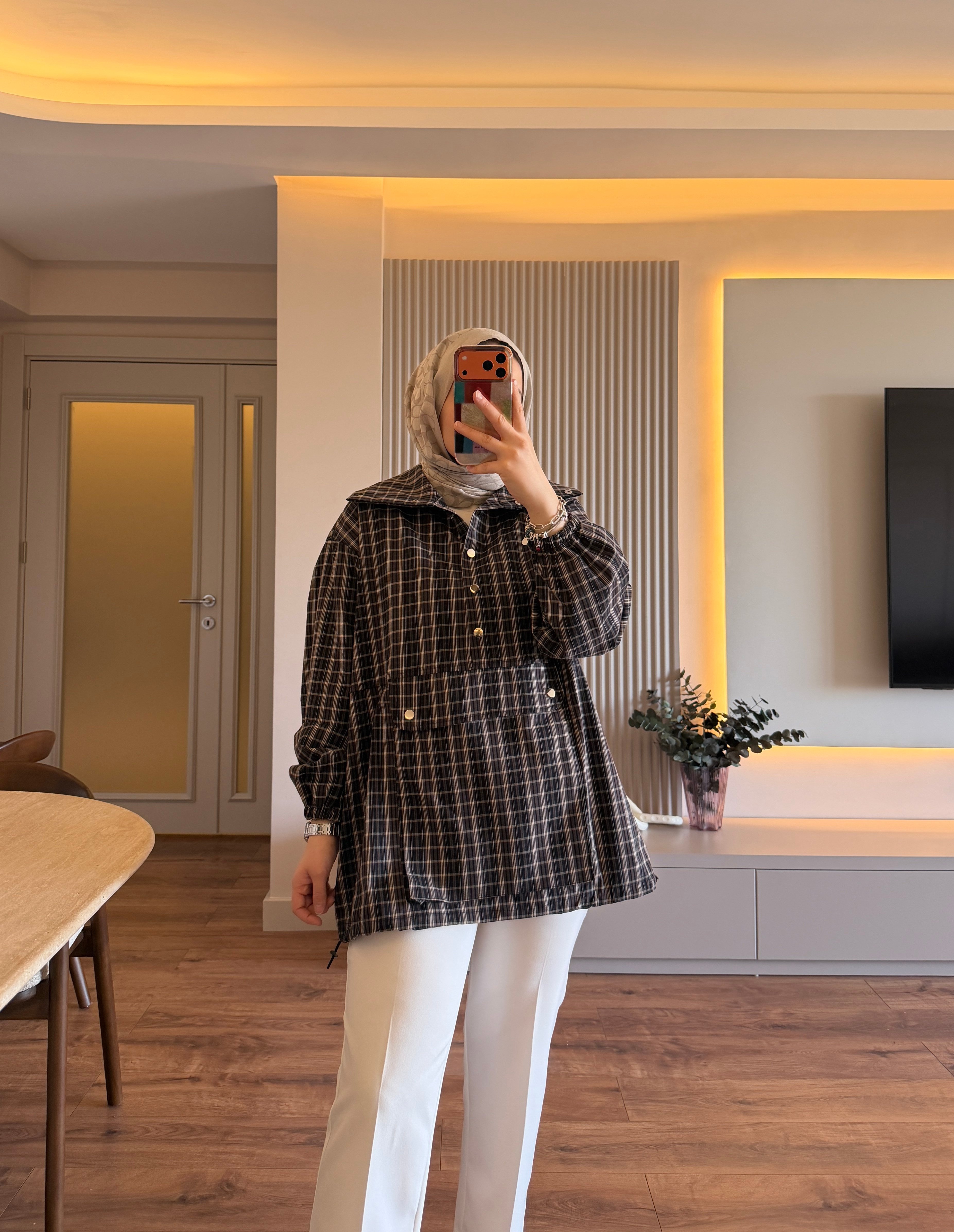Plaid Pocket İnce Sweat Kahve - SWEAT