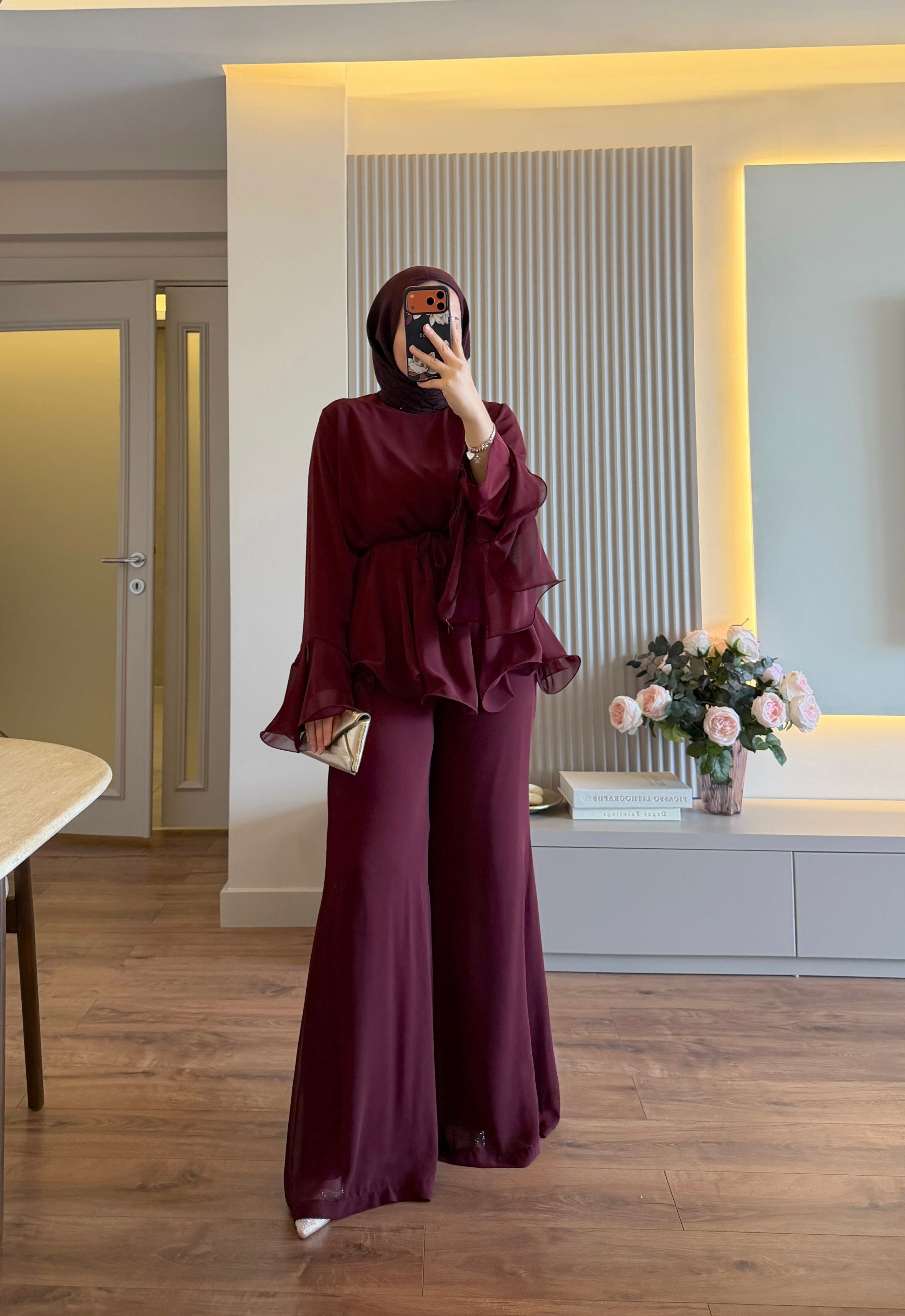 Şifon Volan Takım Bordo - TAKIM
