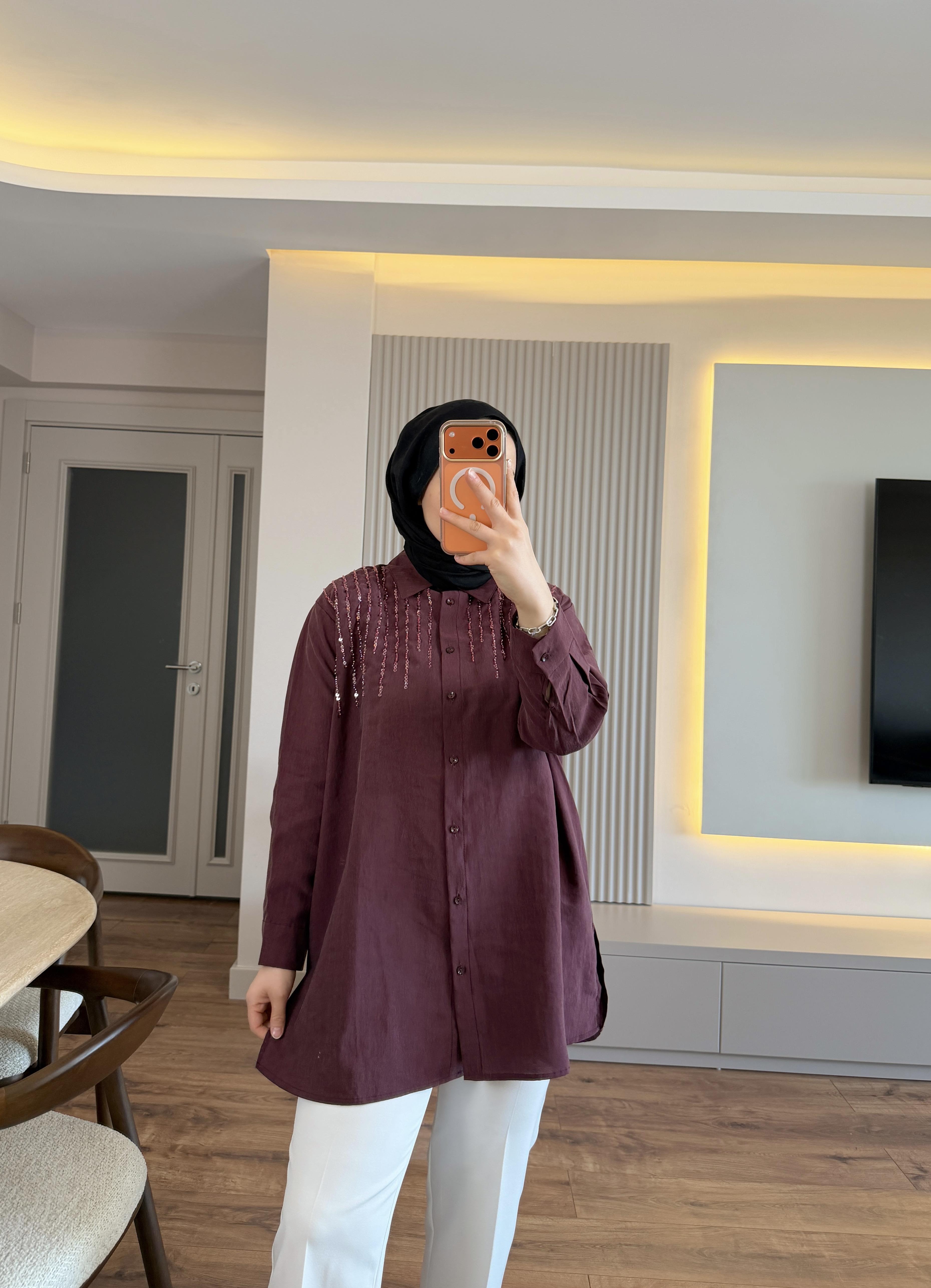 Sıralı Boncuk İşlemeli Gömlek Bordo - GÖMLEK