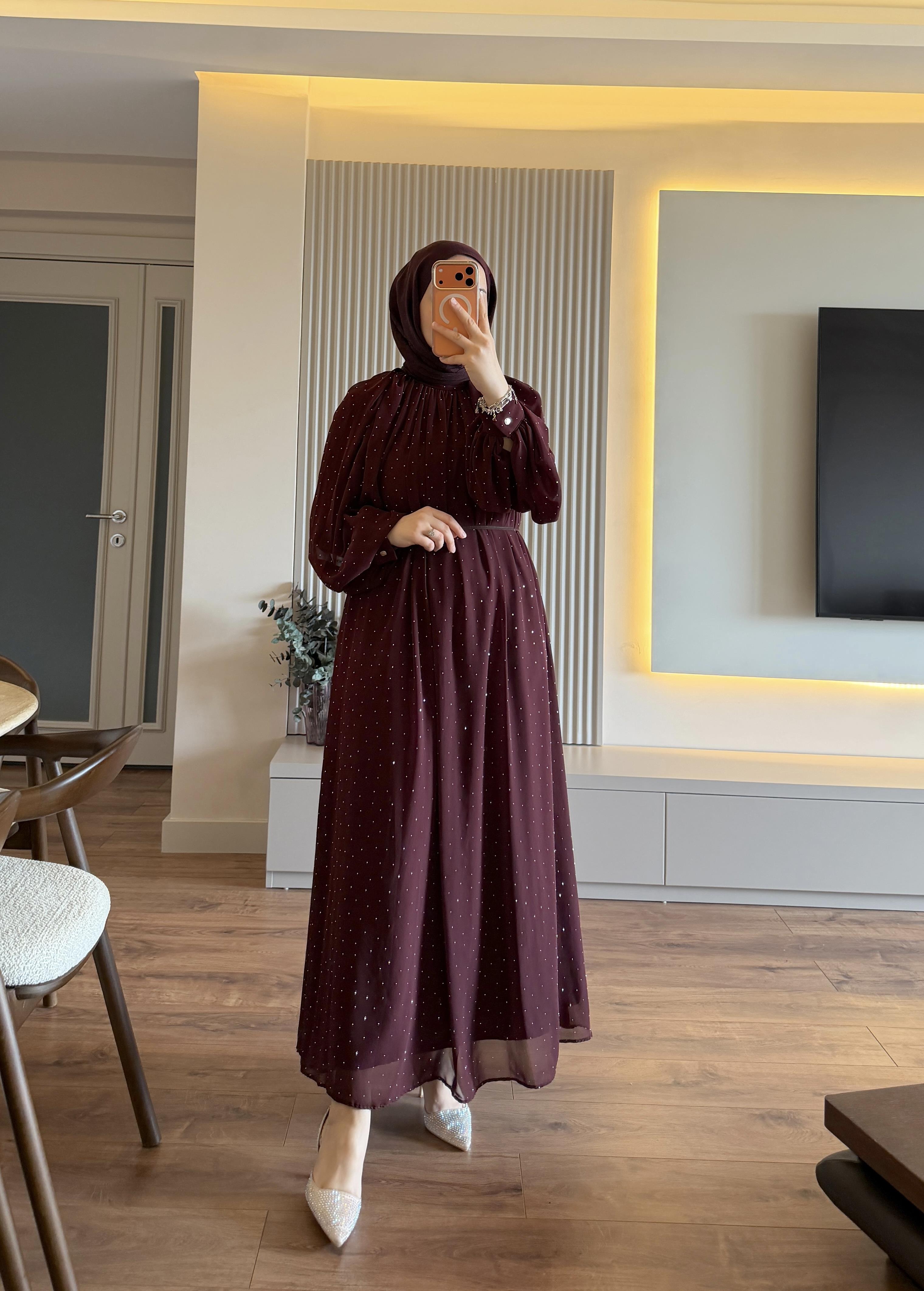 Taşlı Şık Elbise Bordo - ELBİSE