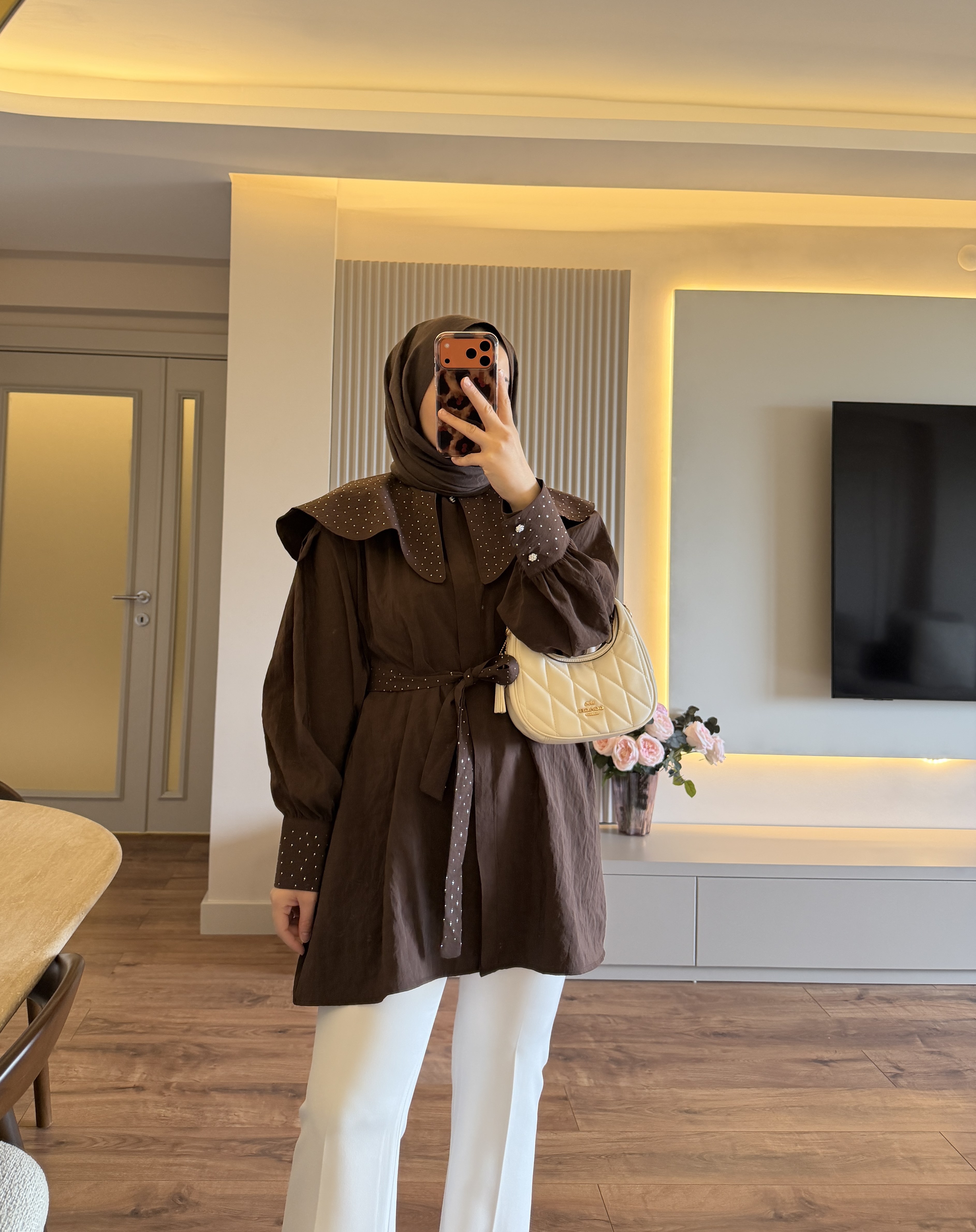 Taşlı Yaka Detaylı Tunik Kahve - GÖMLEK