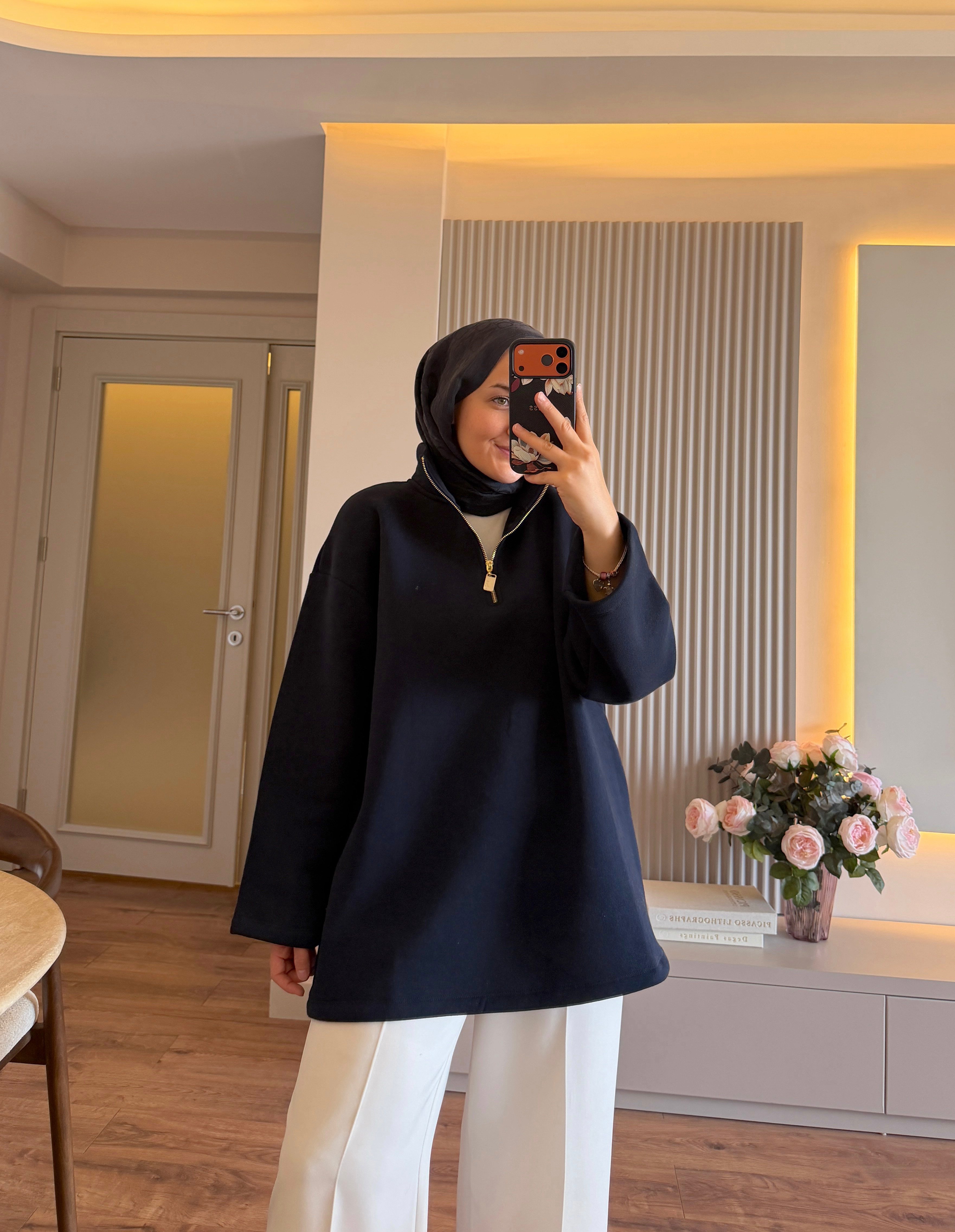 Yarım Fermuarlı Dik Yaka Sweatshırt Lacivert - SWEAT