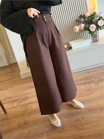 Gold Düğmeli Geniş Paça Pantalon Kahve - PANTOLON