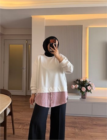Gömlek Garnili Sweatshırt Beyaz - SWEAT