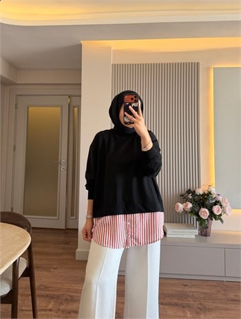 Gömlek Garnili Sweatshırt Siyah - SWEAT