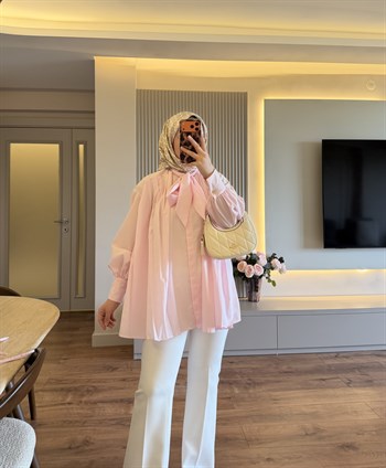Lalin Fularlı Gömlek Pembe  - GÖMLEK