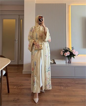 Lavin Floral Şallı Abaya Sarı - TAKIM