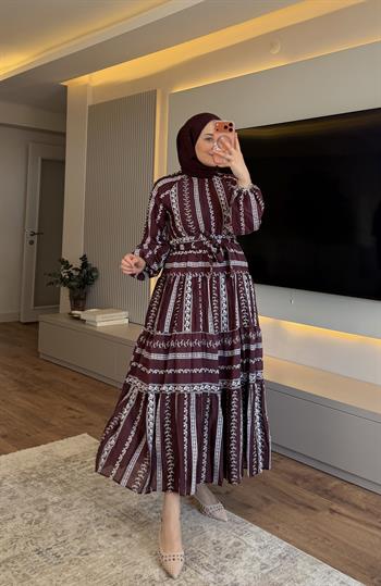 Lavin Nakışlı Elbise Bordo - ELBİSE