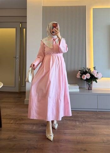Pastel Yakalı Elbise Pembe - ELBİSE
