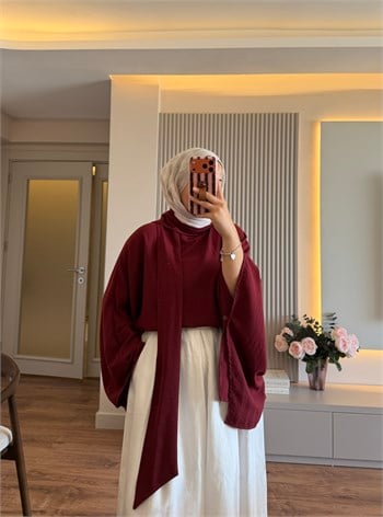 Şal Detaylı Bluz Bordo - BLUZ