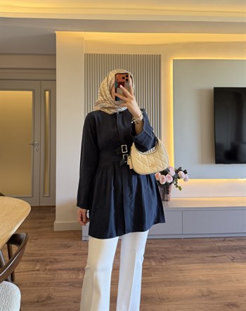 Tokalı Dökümlü Tunik Lacivert - TUNİK