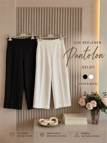 Ütü İzli Bol Paça Pantalon Beyaz - PANTOLON