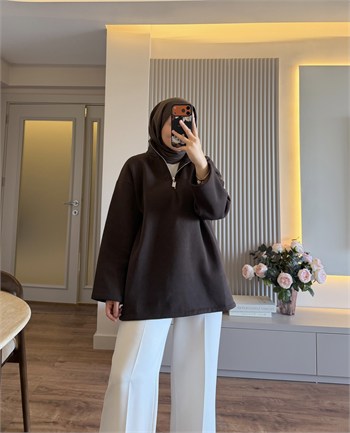 Yarım Fermuarlı Dik Yaka Sweatshırt Kahve - SWEAT