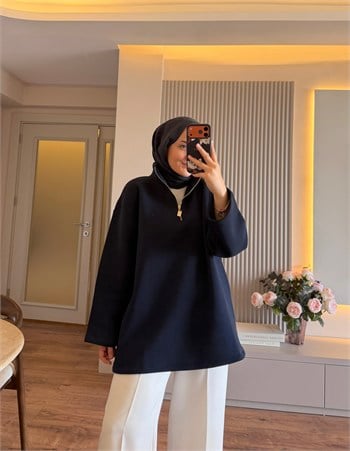 Yarım Fermuarlı Dik Yaka Sweatshırt Lacivert - SWEAT