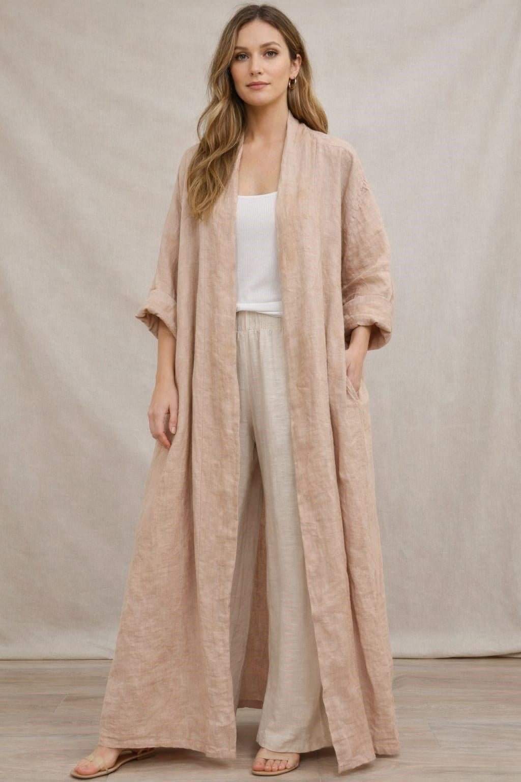 Bohomiyan  İtalyan Uzun Cepsiz Keten Kaftan & Kap (140-CM)