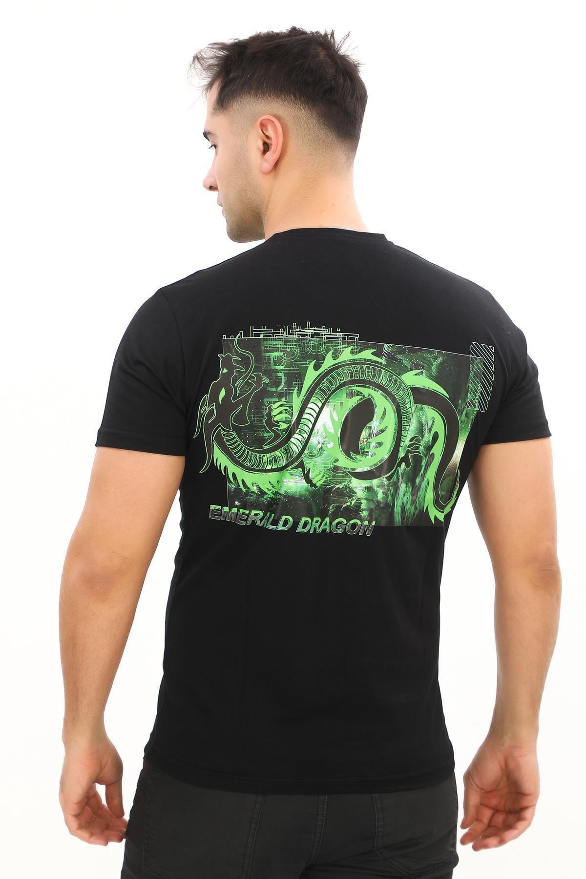 Emerald Dragon Baskılı Özel Tasarım Siyah T-Shirt (Slim fit)