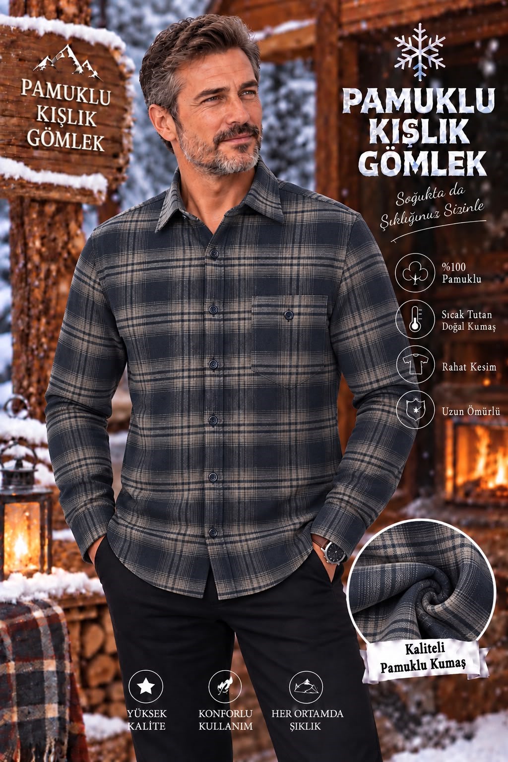 Flanel Kışlık Pamuklu Kapaklı Cepli Düğmeli Yaka Gömlek (Regular Kalıp)