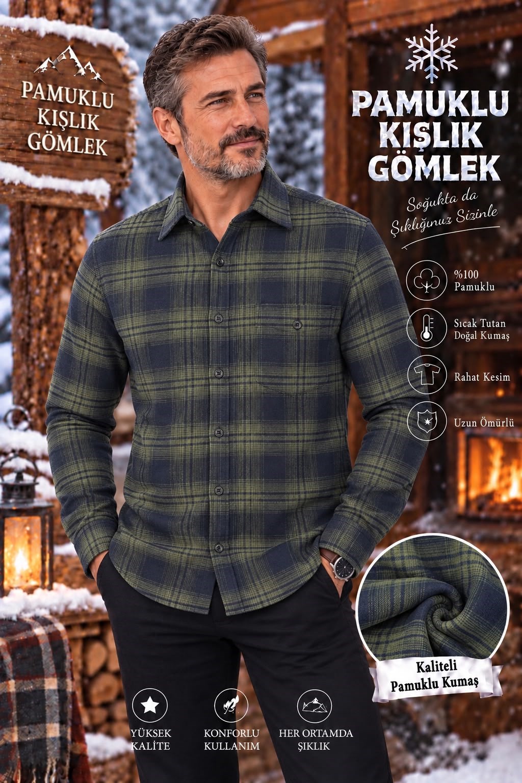 Flanel Kışlık Pamuklu Kapaklı Cepli Düğmeli Yaka Gömlek (Regular Kalıp)