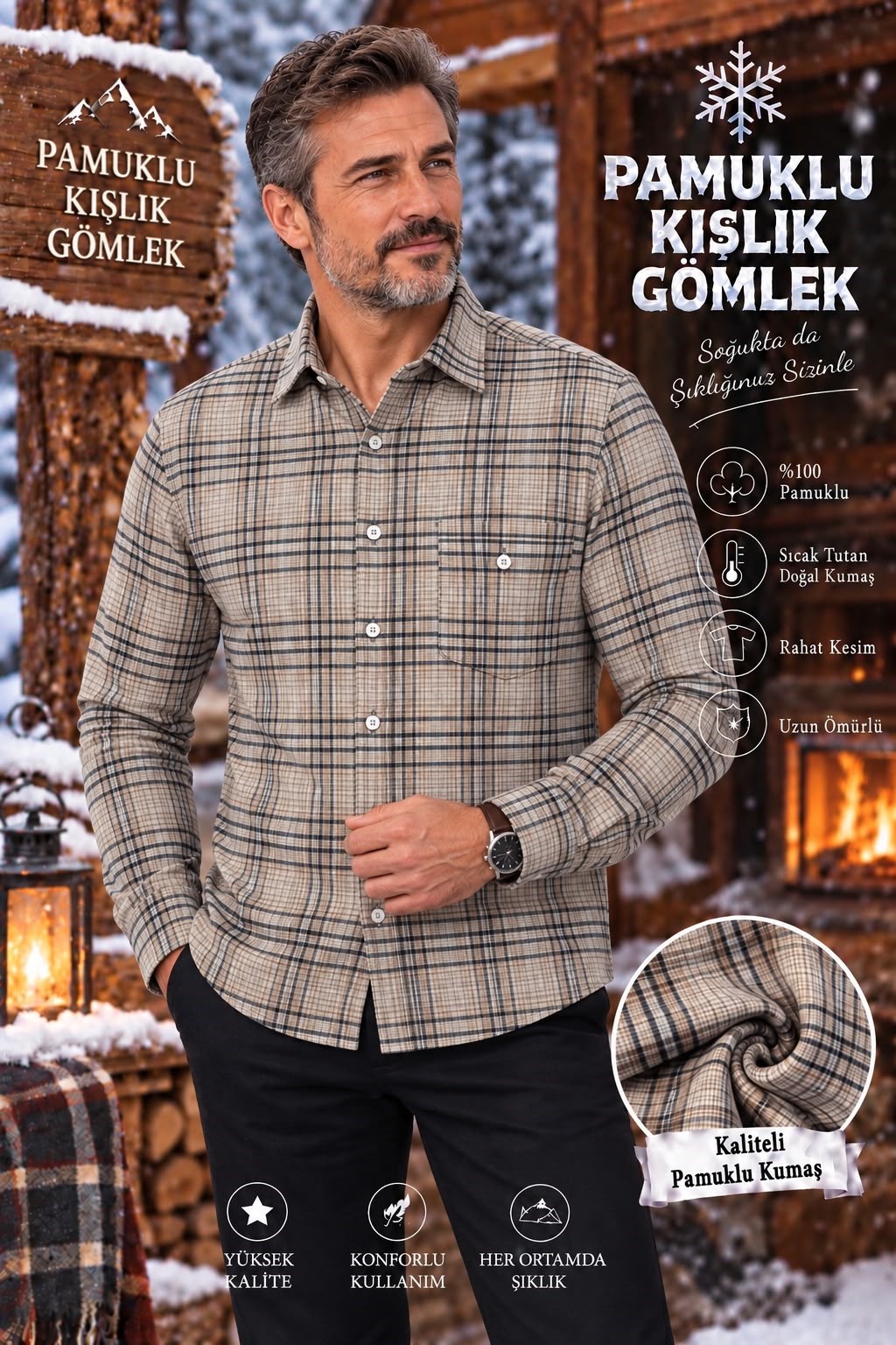 Flanel Kışlık Pamuklu Kapaklı Cepli Düğmeli Yaka Gömlek (Regular Kalıp)