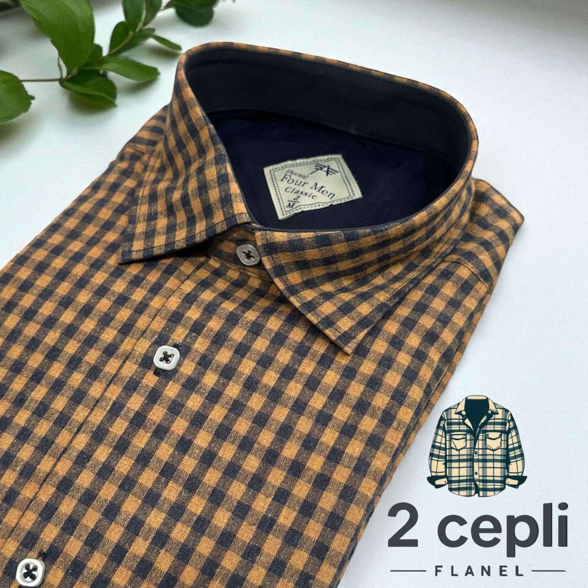 İki Cepli Kapaklı Klasik %100 Cotton Uzun Kollu Terletmeyen Kışlık Flanel Kumaş Karamel Gömlek (Regular Kalıp)