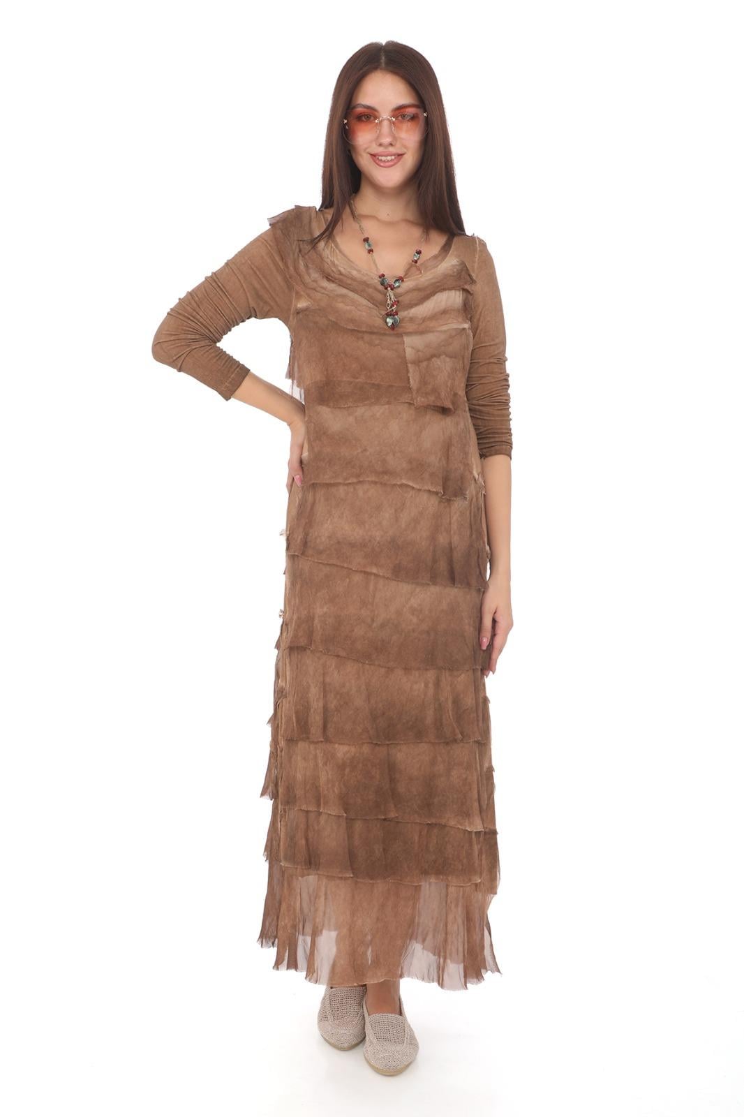 Italyan  2 beden İnce Gösteren Kat Kat Uzun Kol Taşlanmış İpek Elbise