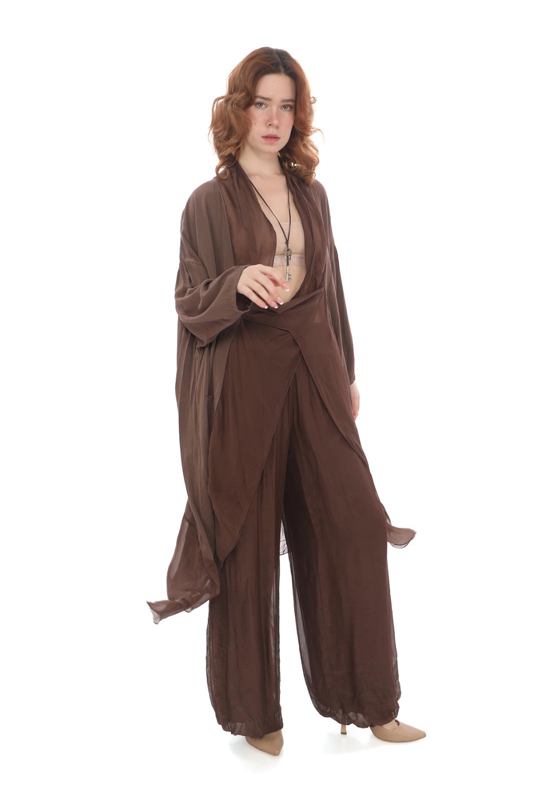 Italyan Zümrüt Yeşili  Ipek Detaylı Oversize Kap Bluz- Wes Pantolon Takım