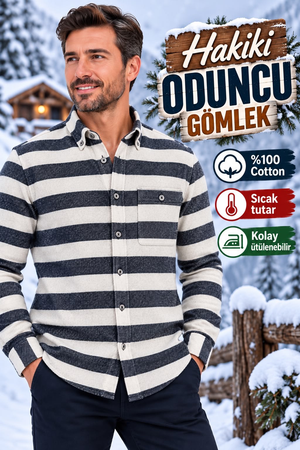 Kışlık Beyaz Pamuklu Kapaklı Cepli Düğmeli Yaka Hakiki Oduncu Gömlek (Regular Kalıp)